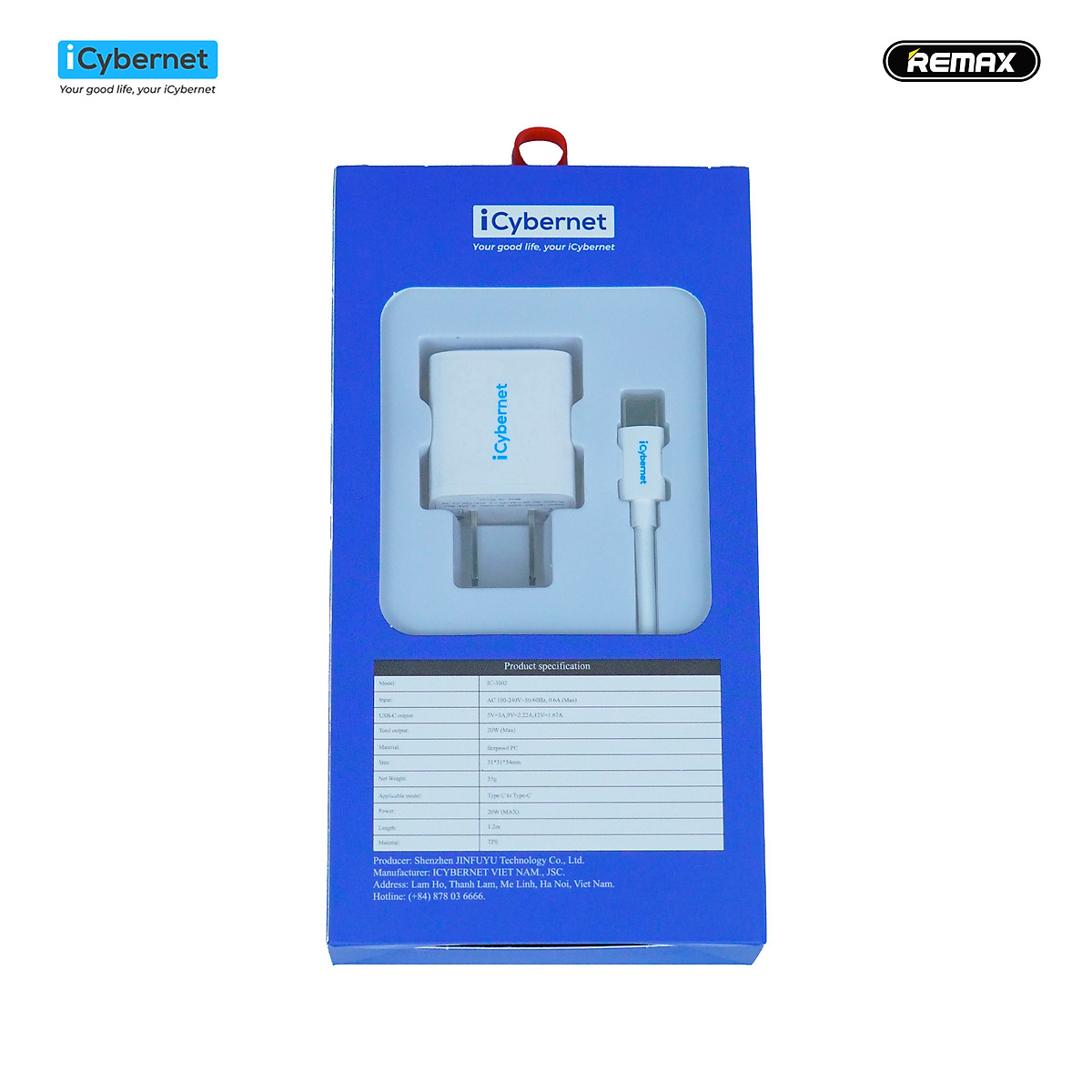 Bộ sạc nhanh chuẩn PD 20W iCybernet IC-3002 cáp C to C 1,2m (Cáp hỗ trợ sạc tối đa 100W cho mọi thiết bị typeC) - Hàng chính hãng