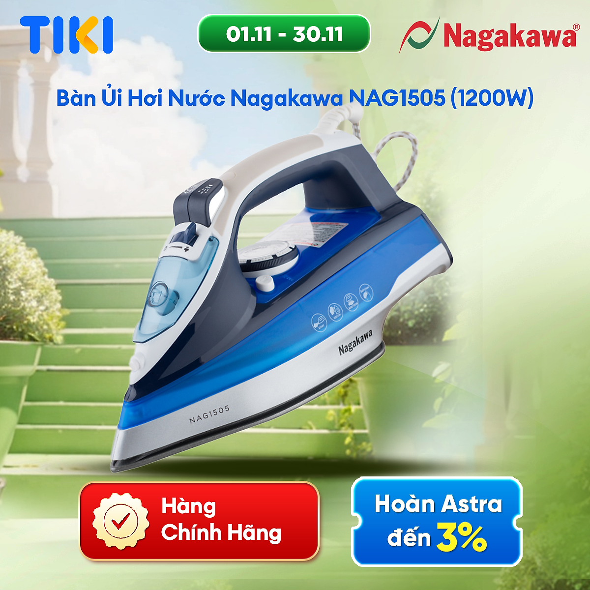 Bàn Ủi Hơi Nước Nagakawa NAG1505 (1200W) - Hàng Chính Hãng