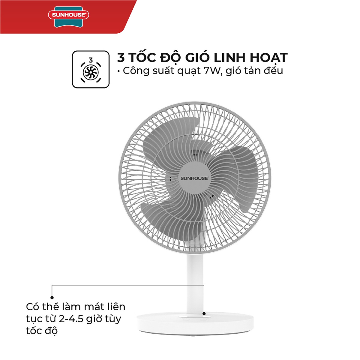 Quạt Sạc Tích Điện Sunhouse SHD7115 - Hàng Chính Hãng