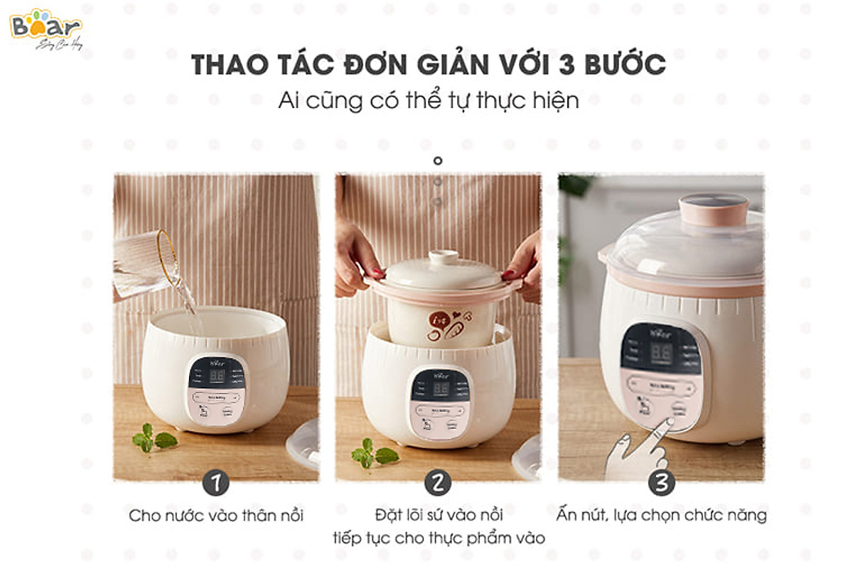 Nồi Chưng Yến, Nồi Tiềm Thuốc Bắc, Nồi Nấu Chậm BEAR SUBE001 Kèm Lồng Hấp Dung Tích 0.8 Lít, Công Suất 200 W - Hàng Chính Hãng