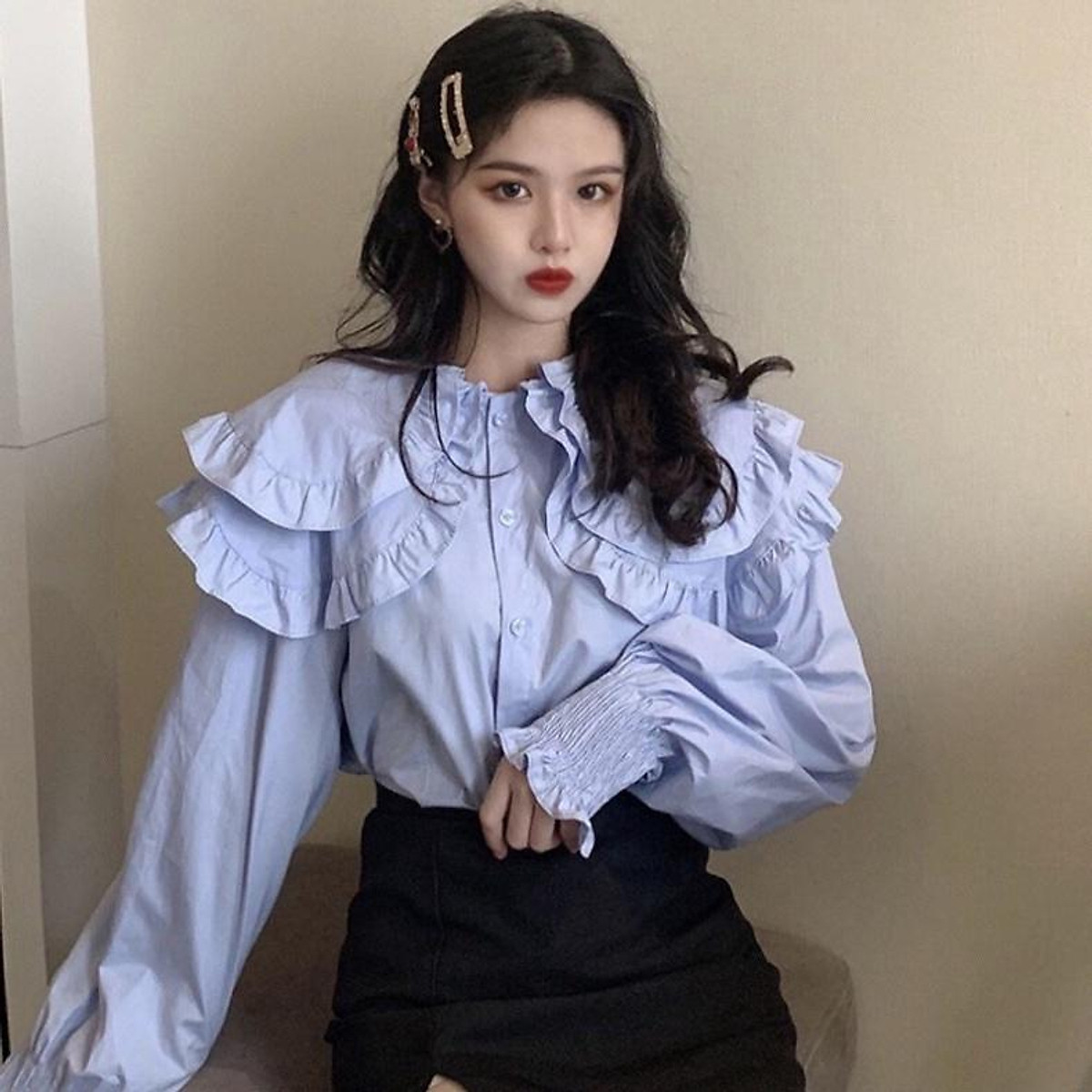Mua Áo sơ mi cổ bèo tiểu thư tay phồng_A016 babydoll mầu trắng, xanh nhạt, nữ tính đáng yêu sang chảnh - XANH tại Coco Land Mua Áo Sơ Mi Cổ Bèo Tiểu Thư Tay Phồng_A016 Babydoll Mầu Trắng, Xanh Nhạt, Nữ Tính Đáng Yêu Sang Chảnh - Xanh Tại Coco Land