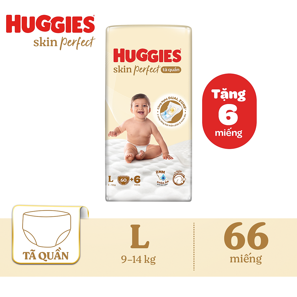 Tã quần Huggies Skin Perfect L Super Jumbo 60+6 miếng với 2 vùng thấm giảm kích ứng da