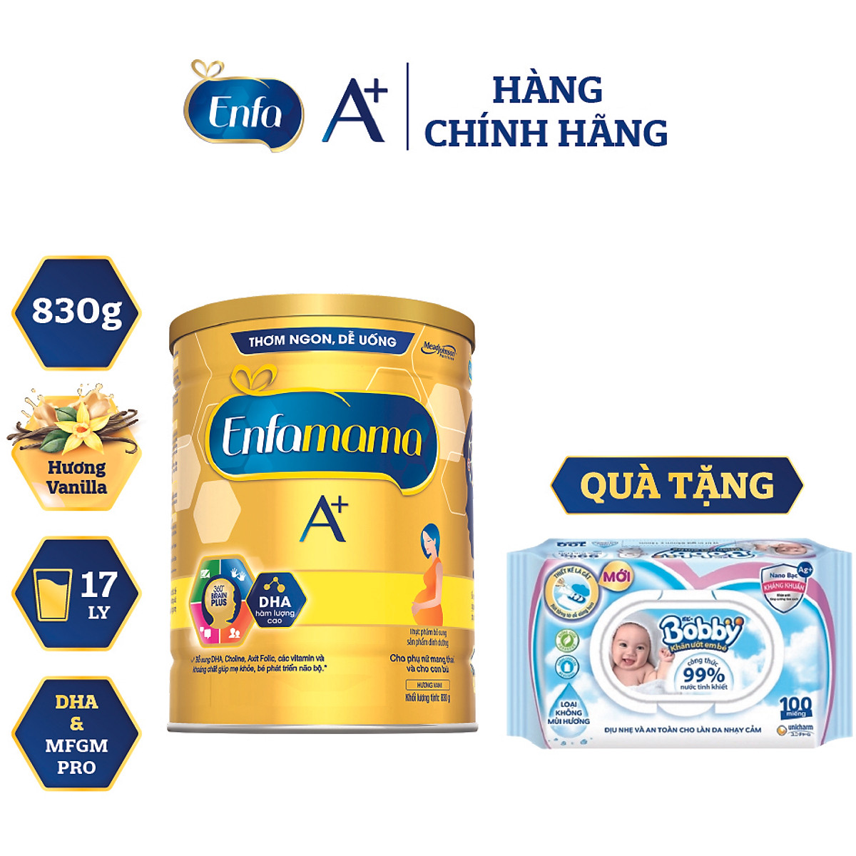 Bộ 1 Lon Sữa Bầu Enfamama 360° Brain Plus Cho Mẹ - Vị Vani - 830g - Tặng 1 khăn ướt Bobby không mùi 100 tờ