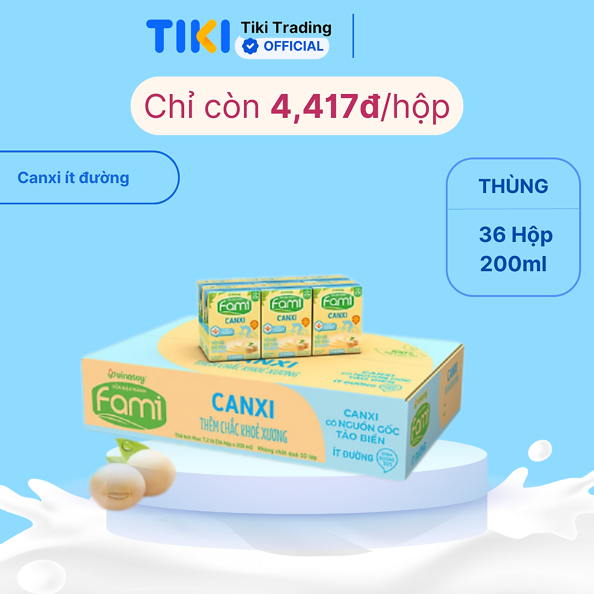 Thùng Sữa đậu nành Fami Canxi ít đường (200ml x 36 Hộp)