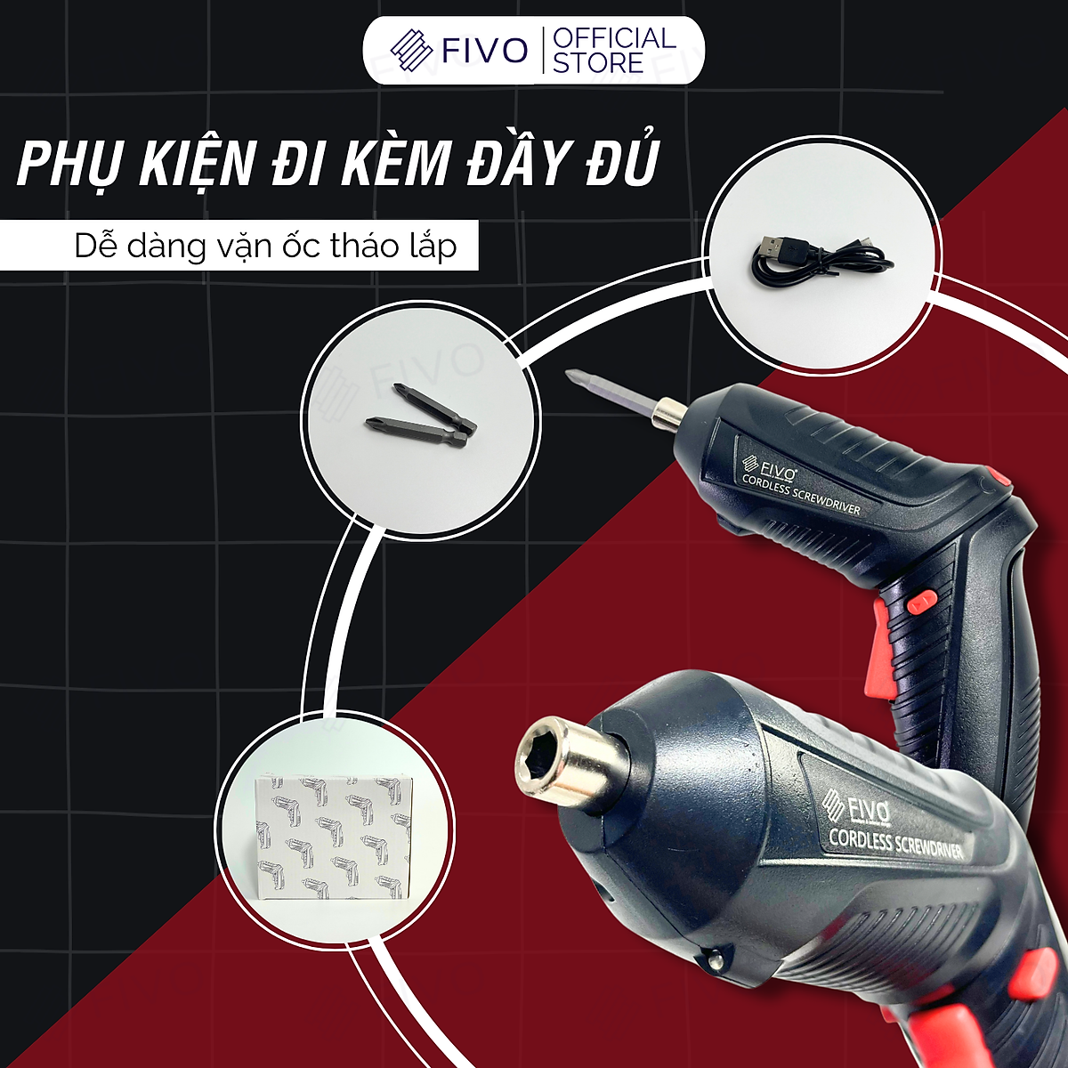 Máy Bắn Vít Cầm Tay Không Dây FIVO, Linh Động 2 Kiểu Dáng, Tặng Kèm Dây Sạc Và 2 Đầu Vít, Nhỏ Gọn Tiện Dụng