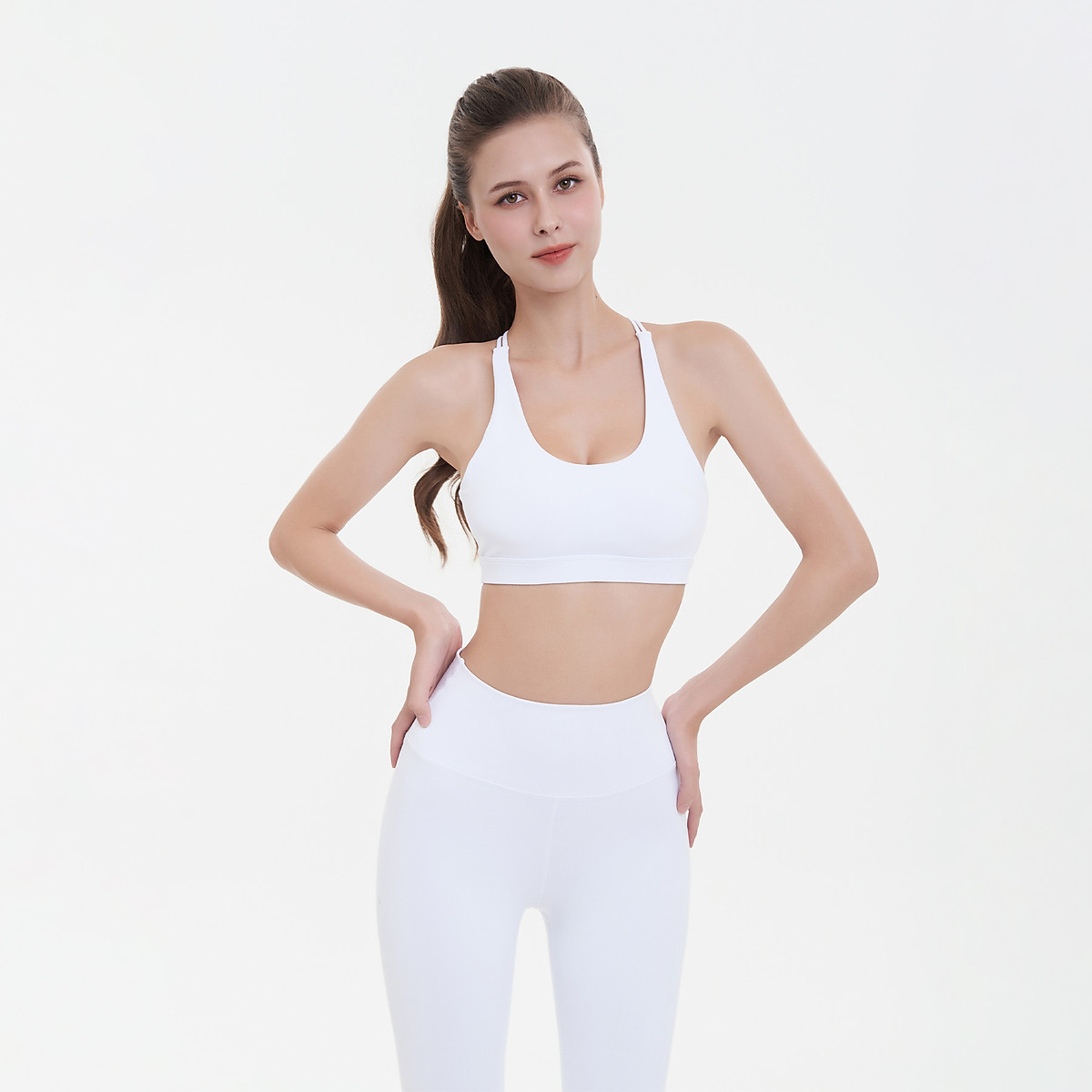 Set đồ tập yoga gym Luxury Hibi Sports H145 4 dây đan VX, màu Trắng kèm mút ngực, vải cao cấp Hi Fabric