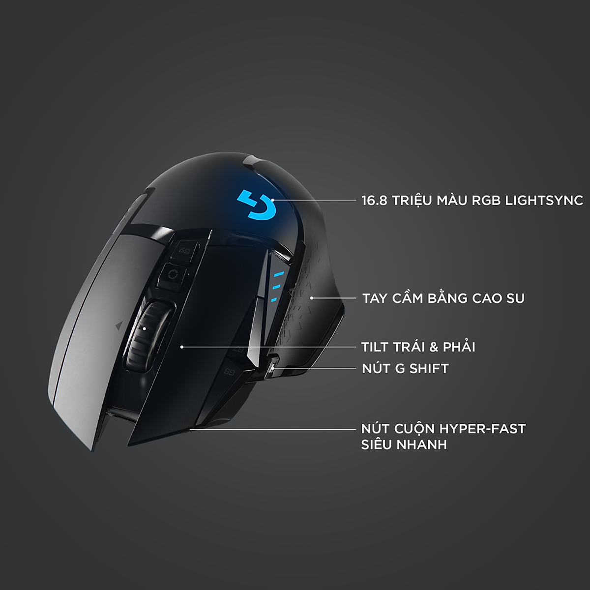 Chuột game không dây Lightspeed Logitech G502 - RGB Lightsync, 11 nút lập trình, điều chỉnh trọng lượng, con lăn Hyperfast, PC -Hàng Chính Hãng