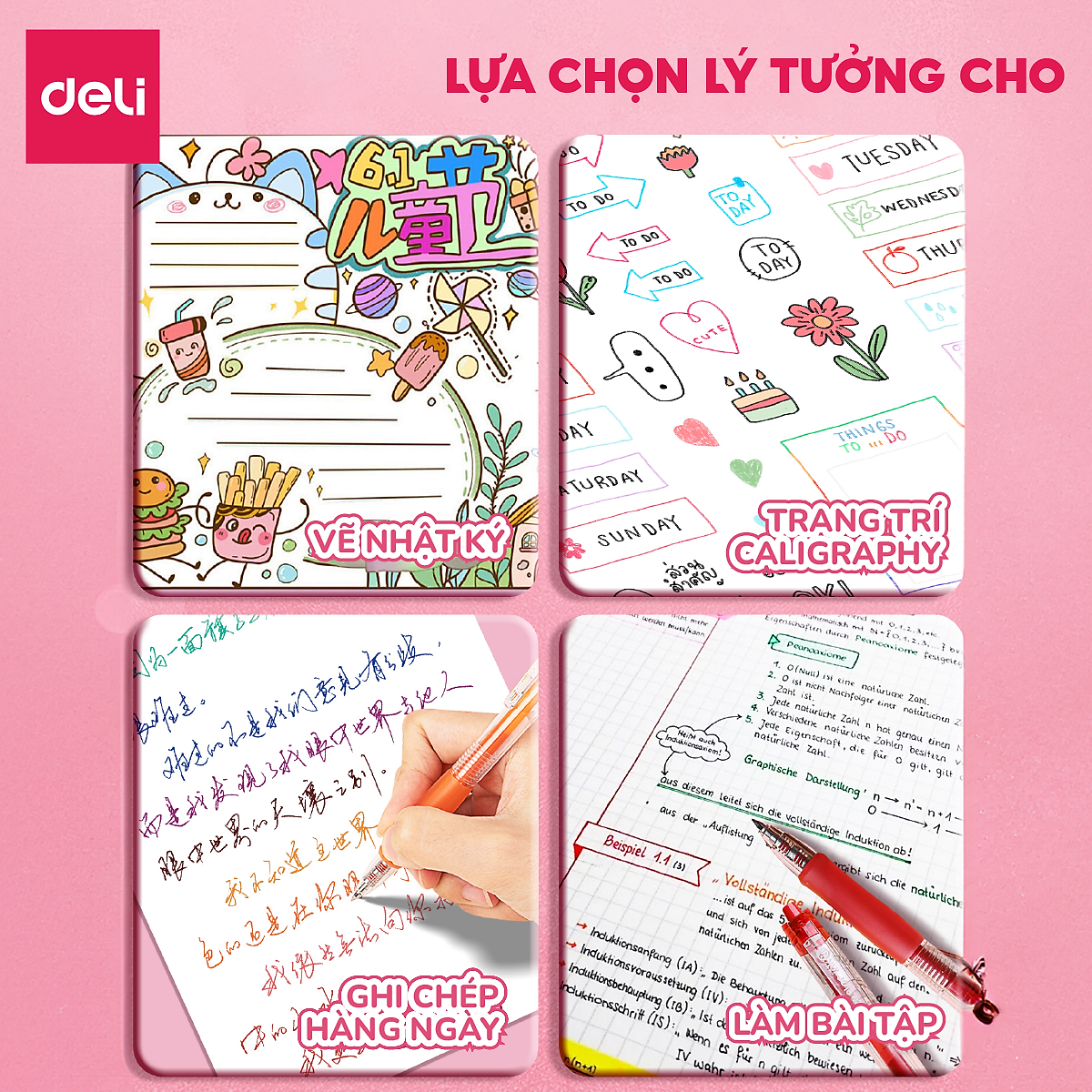 Bút Bi Nước Mực Gel 10 Màu Chính Hãng Deli, Ngòi 0.5mm Mực Trơn Tru Nét Đều Nhanh Khô Trang Trí Vở Viết
