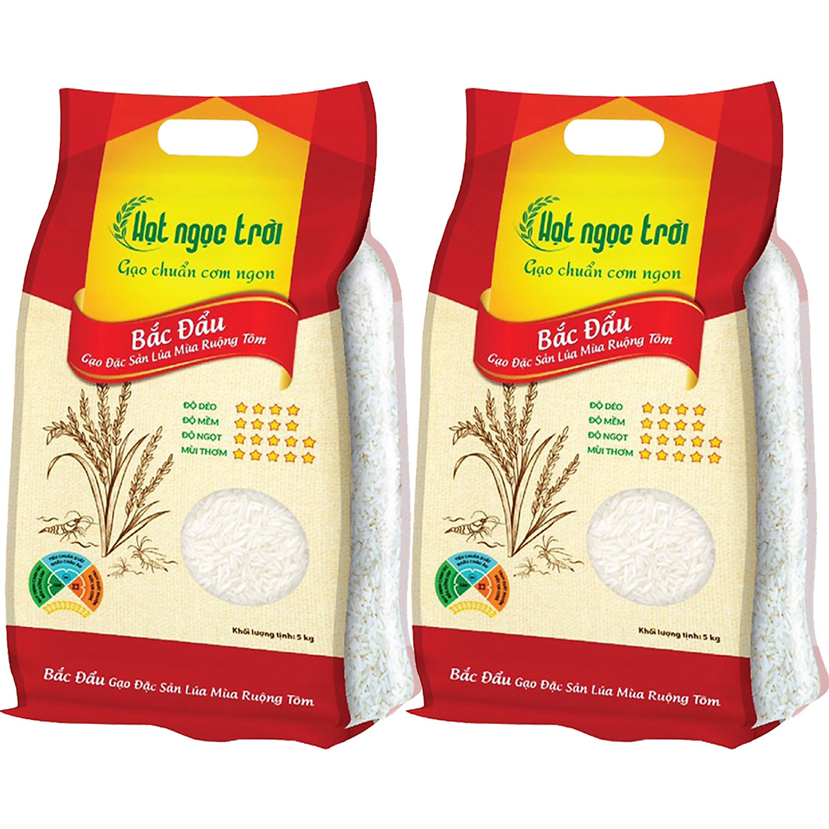 Combo 2 sản phẩm gạo Hạt Ngọc Trời Bắc Đẩu Túi 5kg - Gạo Đặc Sản Lúa Mùa Ruộng Tôm - Dẻo vừa, mềm cơm, thơm nhẹ