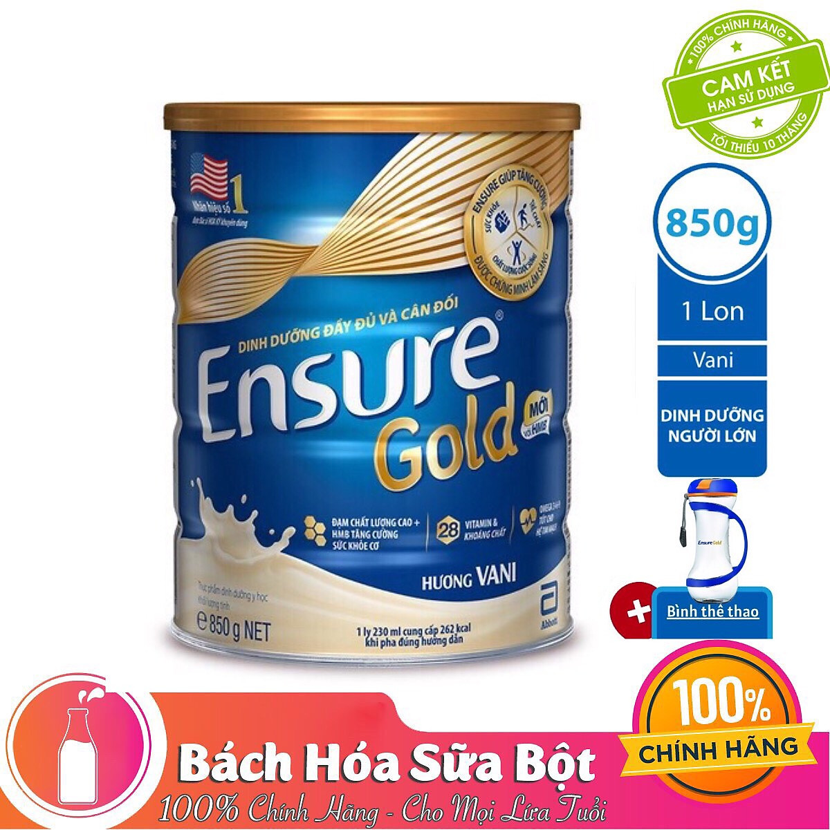Sữa Bột Abbott Ensure Gold ESLA Dinh Dưỡng Đầy Đủ Và Cân Đối (850g) - Tặng Bình thể thao