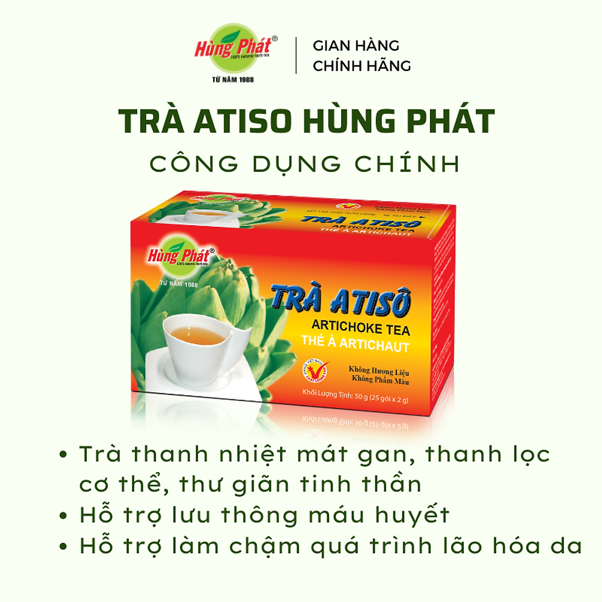 Trà Túi Lọc Atiso Thanh Lọc Cơ Thể Hỗ Trợ Tăng Cường Chức Năng Gan Hộp 25 Gói - Thương hiệu Hùng Phát