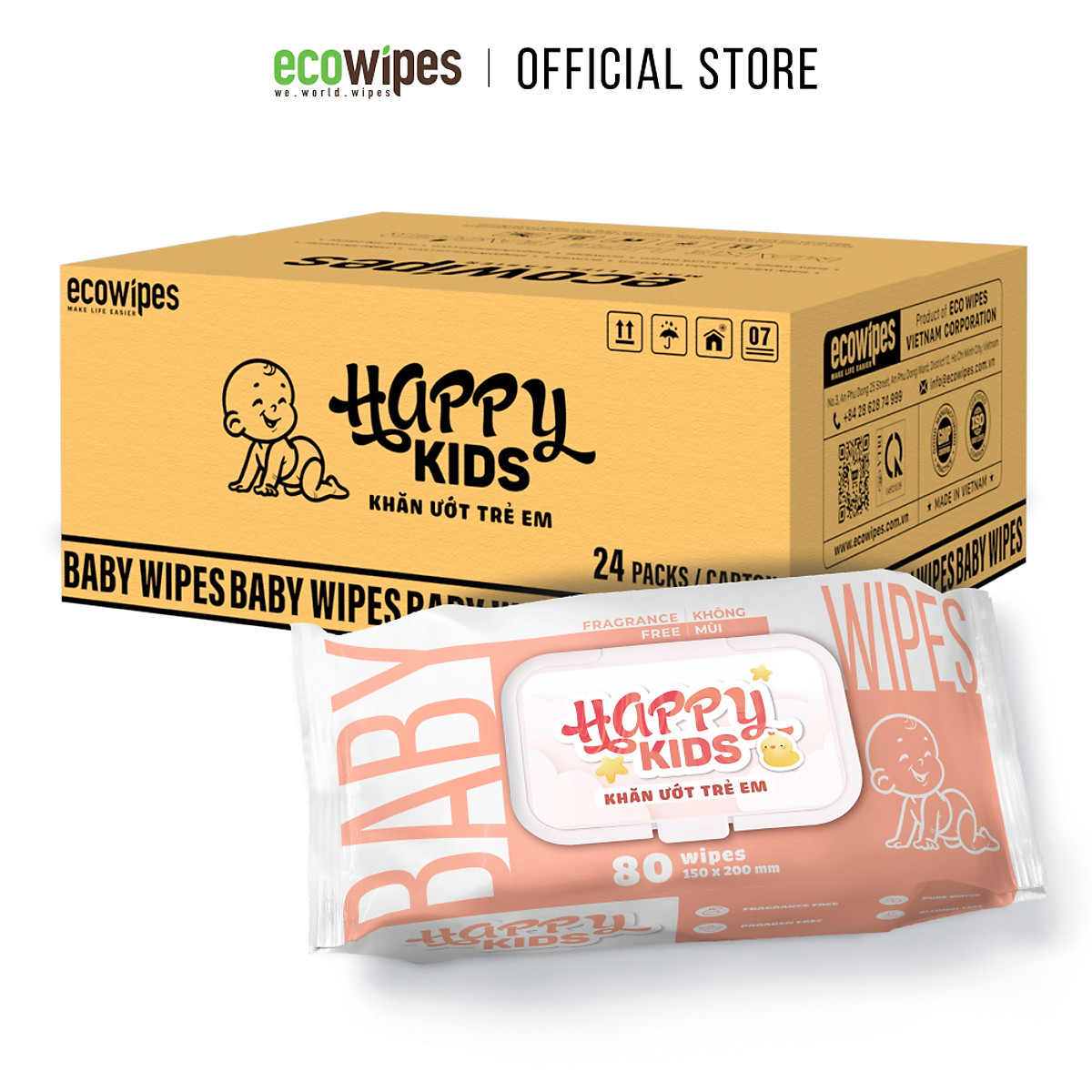 Thùng 24 gói khăn ướt trẻ em Happy Kids gói 80 tờ không mùi siêu tiết kiệm cho bé
