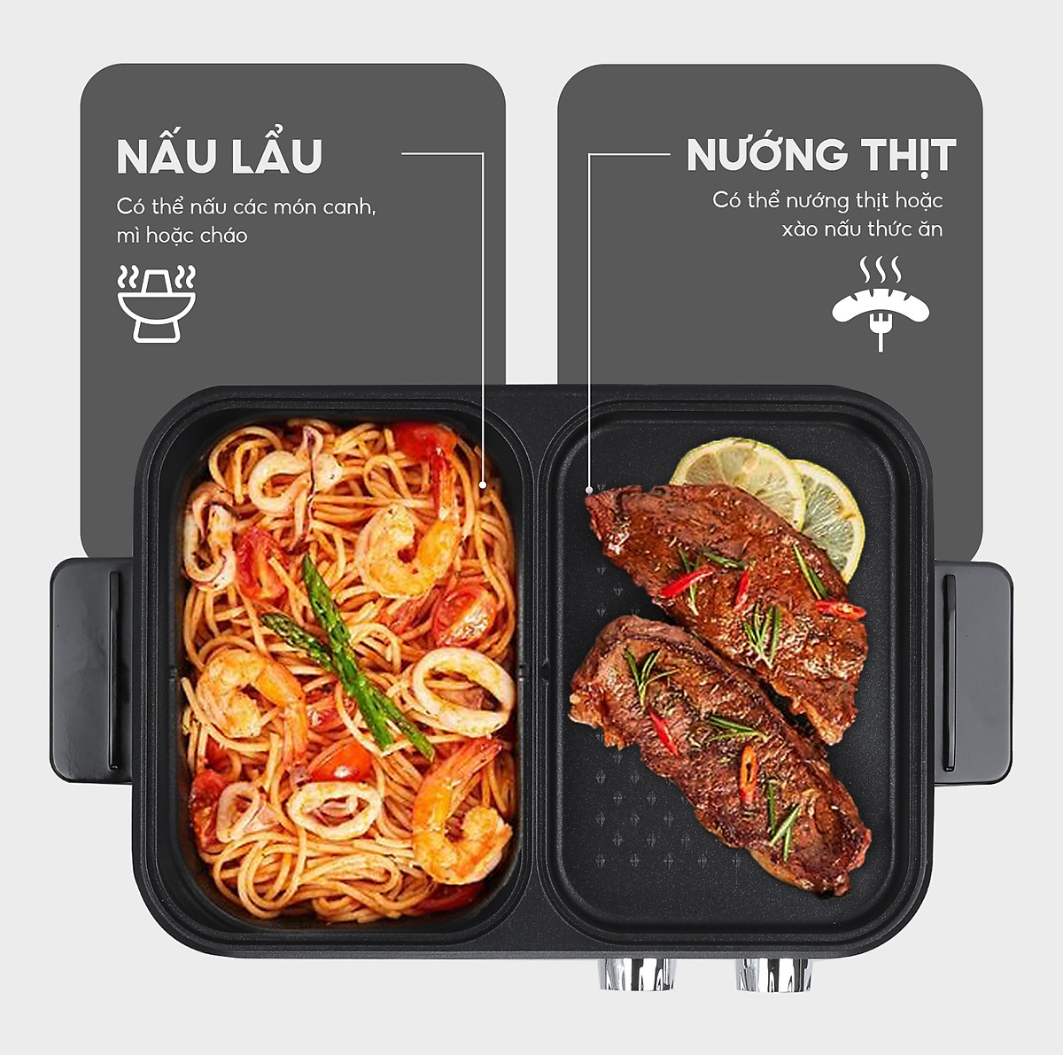 Nồi lẩu điện 2 ngăn mini Lebenlang LBL8583, bếp lẩu nướng 2in1 công suất 1300W, 1200ml nhanh gọn tiện lợi - hàng chính hãng