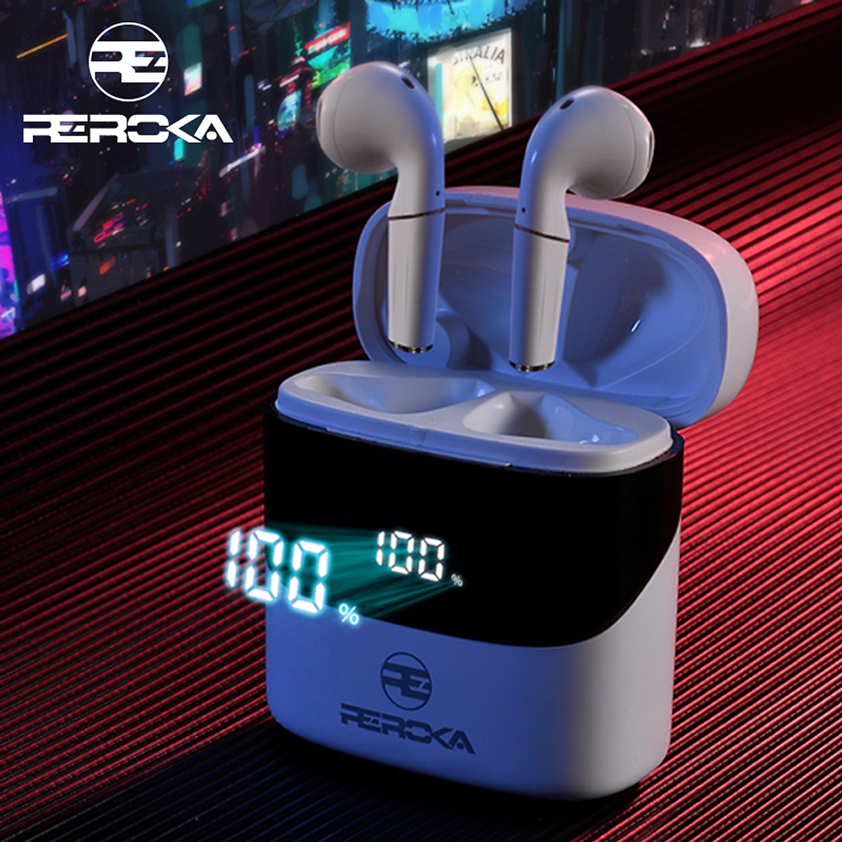 Tai Nghe True Wireless  REROKA-CYBORG Bluetooth V5.0, đeo êm tai, âm thanh sống động, hộp sạc có màn hình led hiển thị  - Hàng chính hãng
