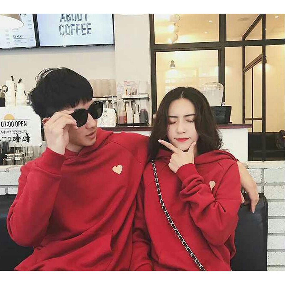 (40-58kg) Áo hoodie unisex nam/nữ chất nỉ bông mỏng thêu tim. Có ảnh thật treo.