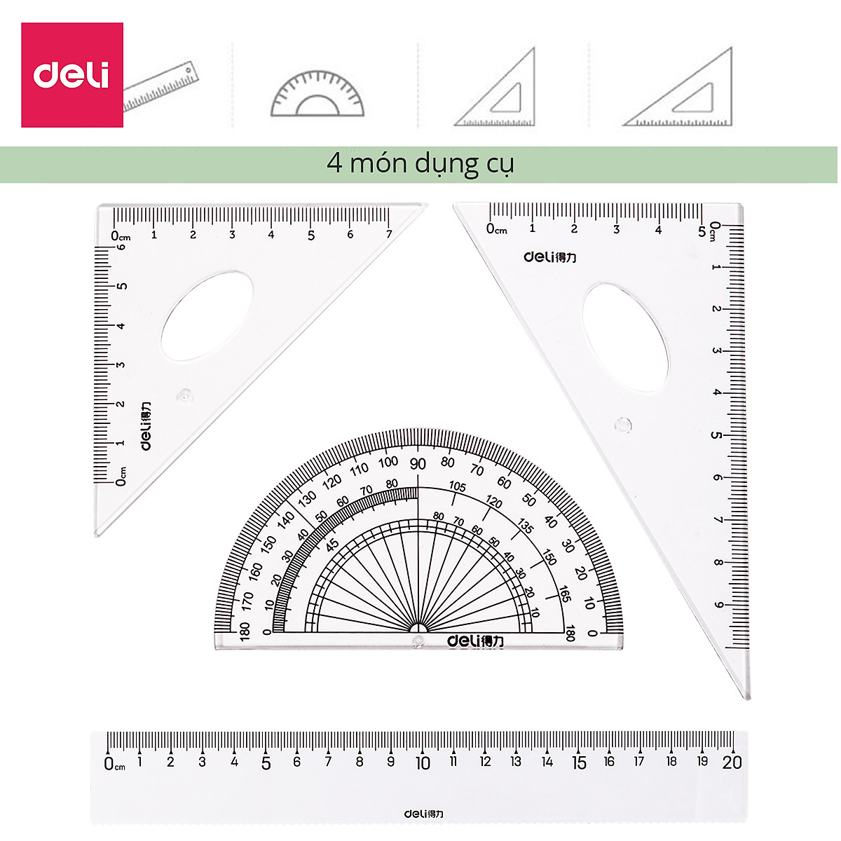 Bộ Thước Kẻ Thước Đo Độ Eke Học Sinh Deli - Bộ Dụng Cụ Học Tập 4 Chiếc - 79529 79530