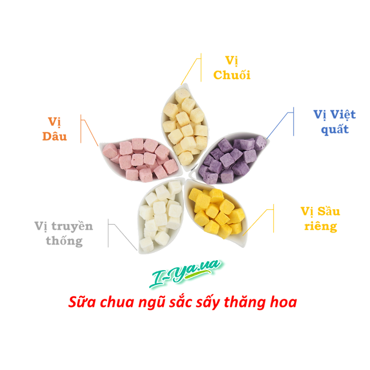 Sữa chua sấy thăng hoa I.Yaua túi 25g mix 05 vị (việt quất, sầu riêng, chuối, dâu và truyền thống)
