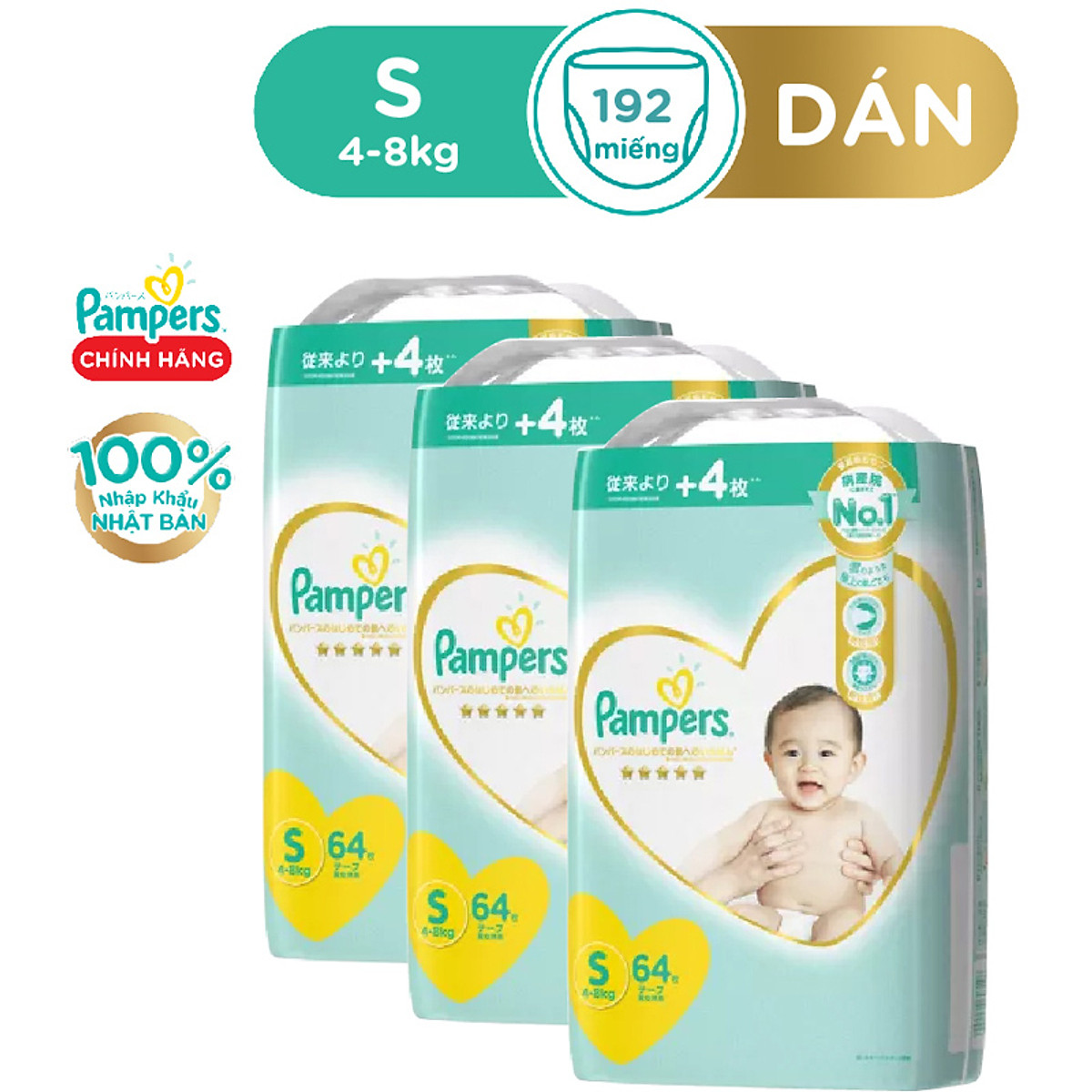 Thùng 3 Gói Tã/ Bỉm Dán PAMPERS Nhật Thượng Hạng, Size NB(70 miếng, dưới 5kg)/ S(64 miếng, 4-8kg)/ M(52 miếng, 6-12kg)/ L(42 miếng, 9-14kg), Siêu Mềm Mịn & Thoáng Khí