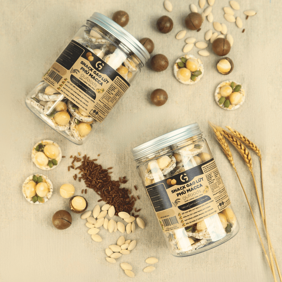 Snack gạo lứt phủ macca GUfoods - Topping siêu hạt, Giòn rụm, Thơm bùi, Giàu dinh dưỡng, Healthy, Eat clean, Thuần chay