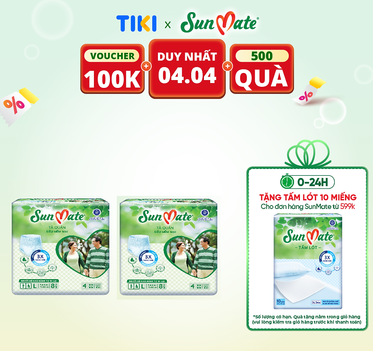 Combo 2 Tã Quần Người Lớn Sunmate Mềm Mại L8 (8 Miếng)