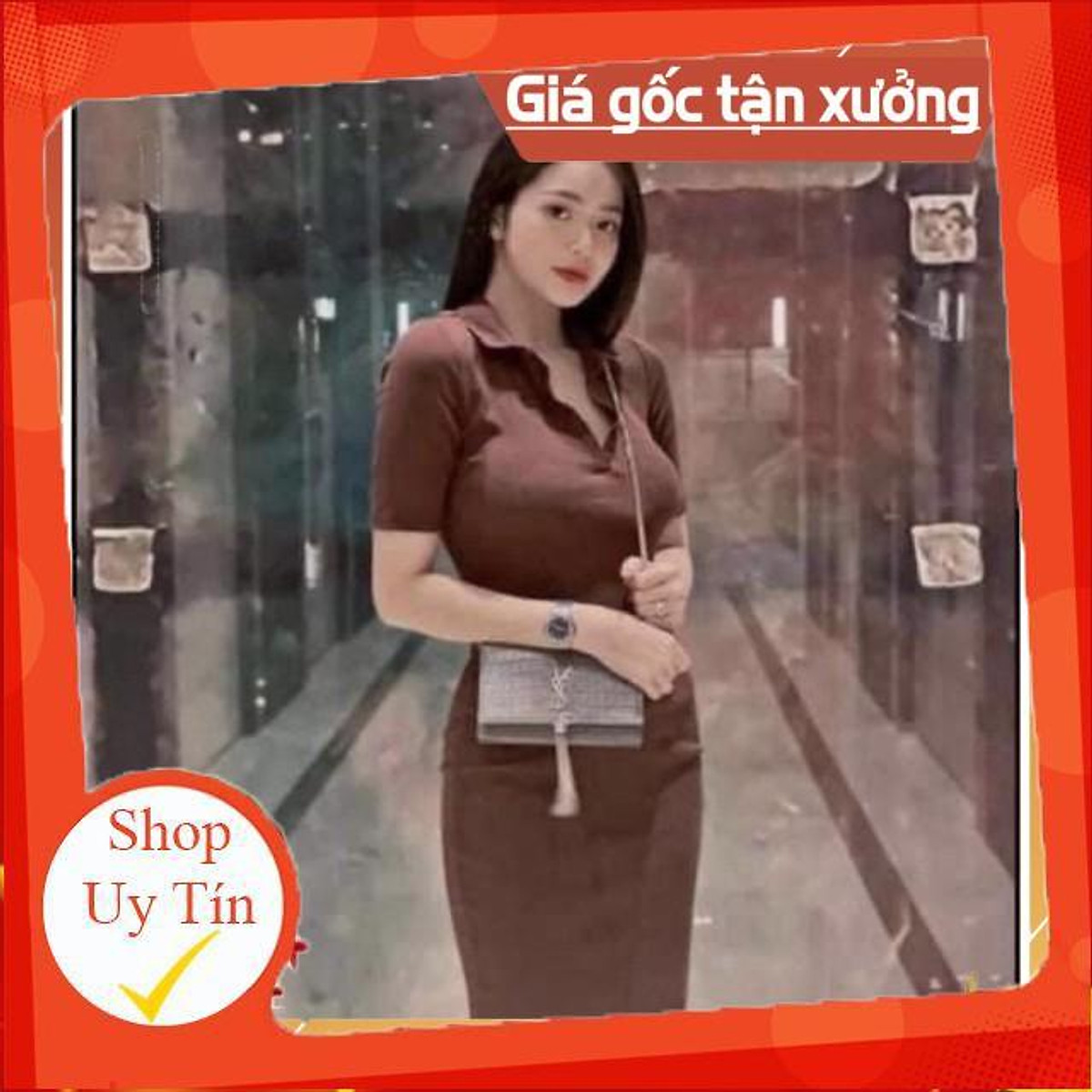 BÁN SỈ- VÁY MIDI TAY LỠ CỔ ĐỨC KHUY CÀI