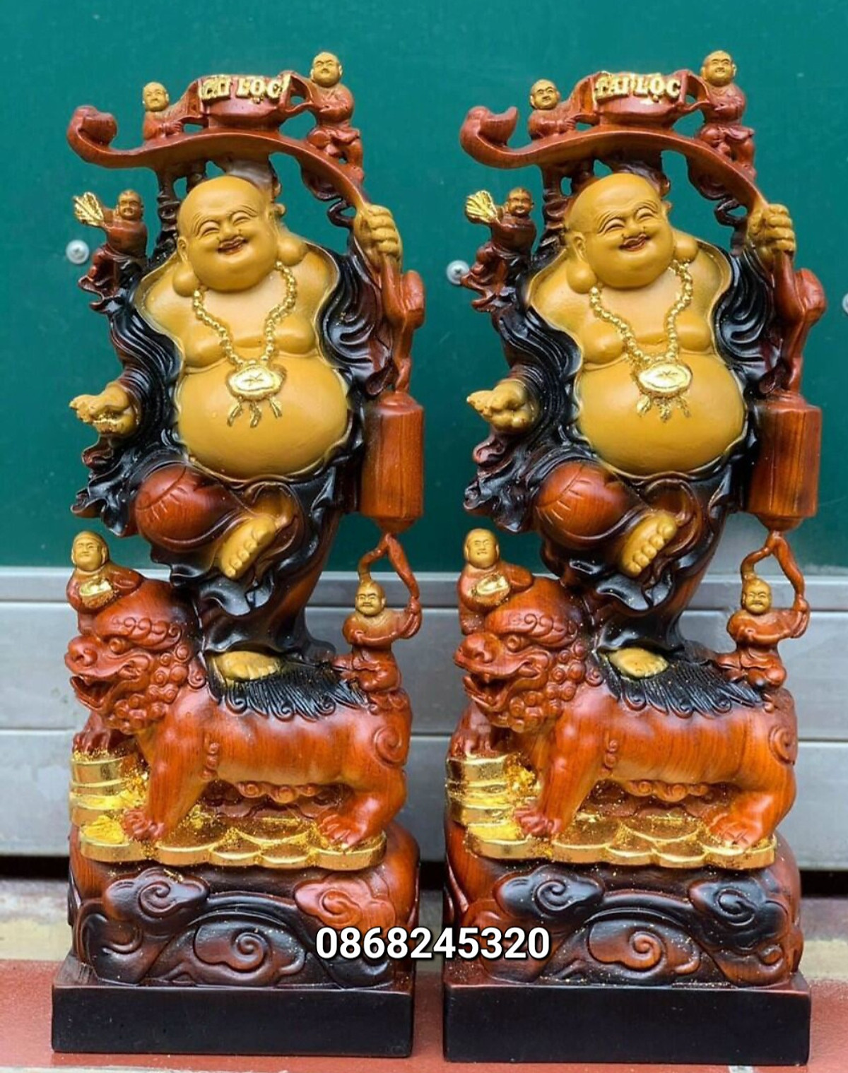 Tượng phật di lặc ngũ phúc được làm bằng gỗ hương đá sơn pu giả cổ kt cao 60cm