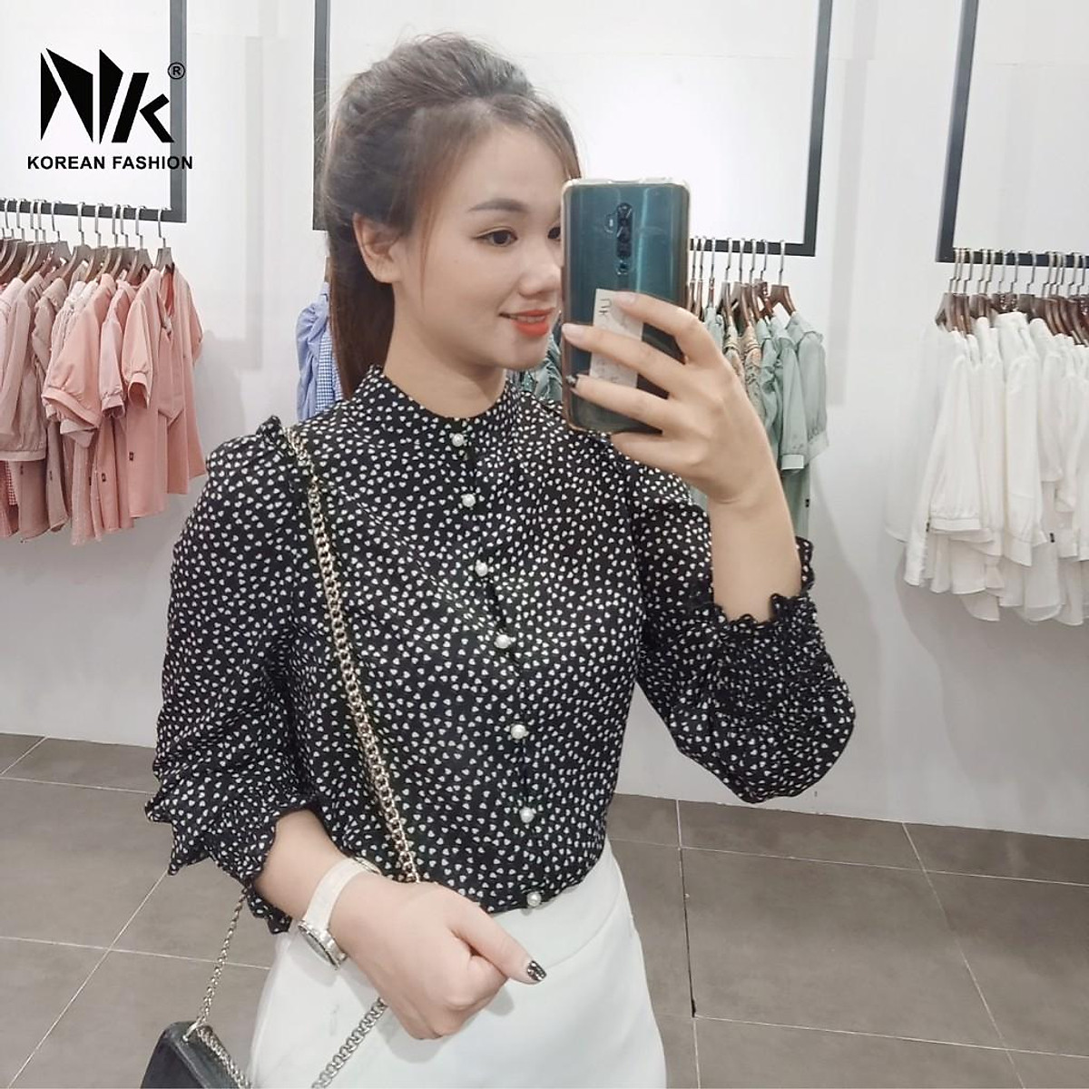 Áo Sơ Mi Nữ Công Sở NK FASHION Cổ Tàu Bèo Vai, Họa Tiết Chấm Bi, Voan Hàn Mềm Mịn NKSM2101014