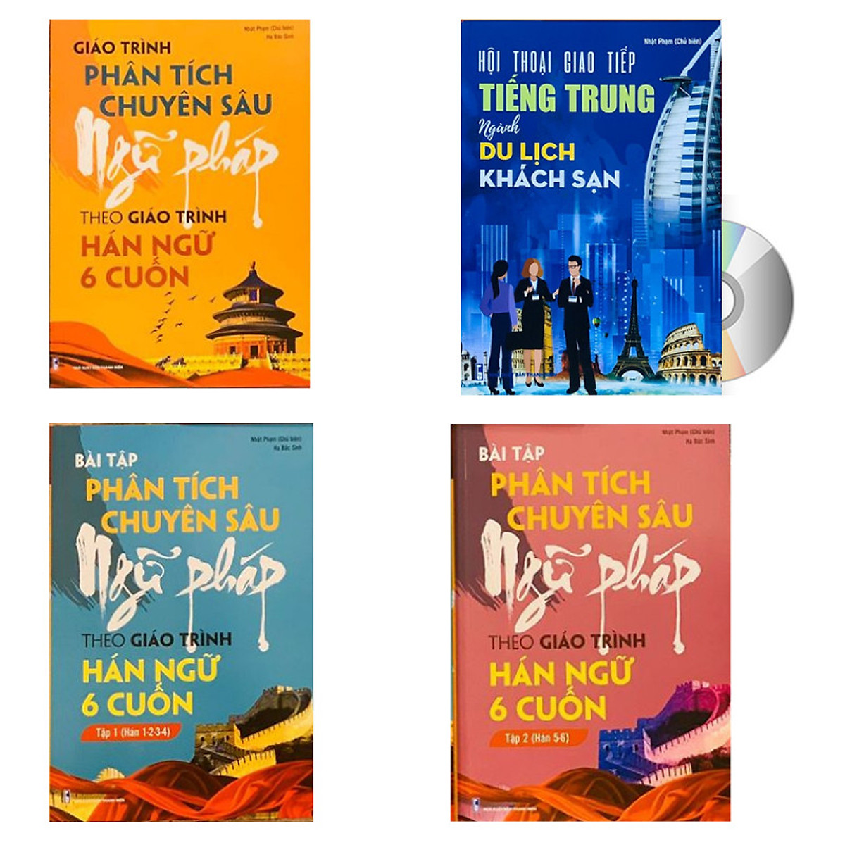 Combo 4 sách: Giáo trình phân tích chuyên sâu Ngữ Pháp theo Giáo trình Hán ngữ 6 cuốn + Bài tập tập 1 (Hán 1-2-3-4) + Bài tập tập 2 (Hán 5-6) và Hội thoại giao tiếp tiếng Trung ngành du lịch khách sạn có audio nghe+ DVD tài liệu