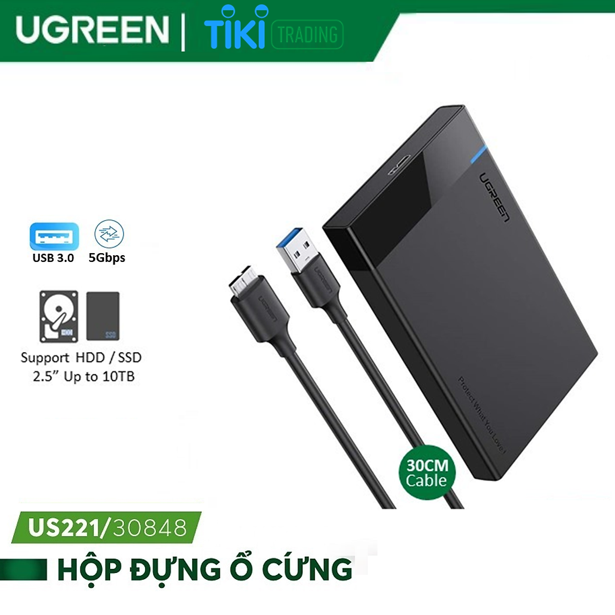 Vỏ hộp đựng ổ cứng SATA 2.0/3.0 2.5 và SSD vỏ nhựa ABS cao cấp (dây dời) UGREEN US221 30848 - Hàng Chính Hãng