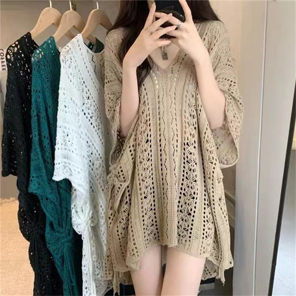 Áo Lưới Đi Biển, Áo Len Dệt Kim Tay Dài Chống Nắng Thiết Kế Lưới Phong