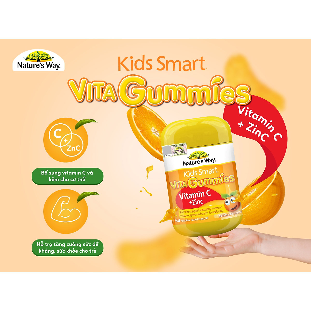 Nature's Way Kids Smart VITA GUMMIES( VITAMIN C+ Zn) - Bổ sung kẽm và vitamin C cho trẻ (60 viên/ lọ)
