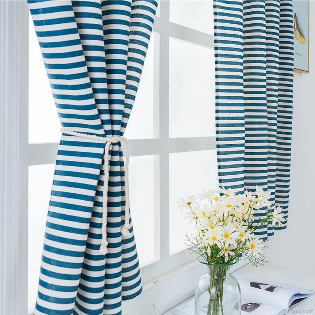 Rèm Vải Treo Tường Phòng Khách Decor Marytexco Trang Trí Nhà Cửa Làm Dịu Nhẹ ánh Sáng Tự Nhiên Ore Hoàn Thiện Viền Ren Chân Tặng Kèm Dây Decor Marytexco, Navy And White Striped Curtains Uk