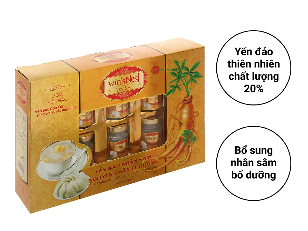 Yến Sào win'sNest Tổ Yến Chưng Sẵn 20% Nhân Sâm Ít Đường (6 Lọ/Hộp) Món quà sức khỏe KÈM TÚI