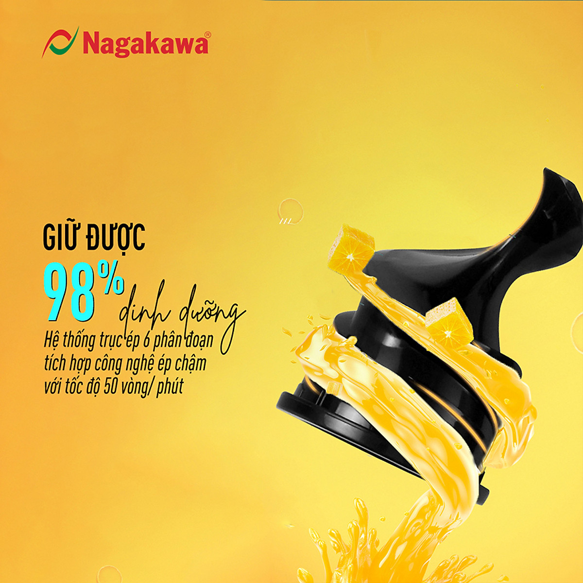 Máy ép chậm Nagakawa NAG0818 (200W) - Trục ép 6 phân đoạn kiệt bã - Ống tiếp thực phẩm lớn - Hàng chính hãng