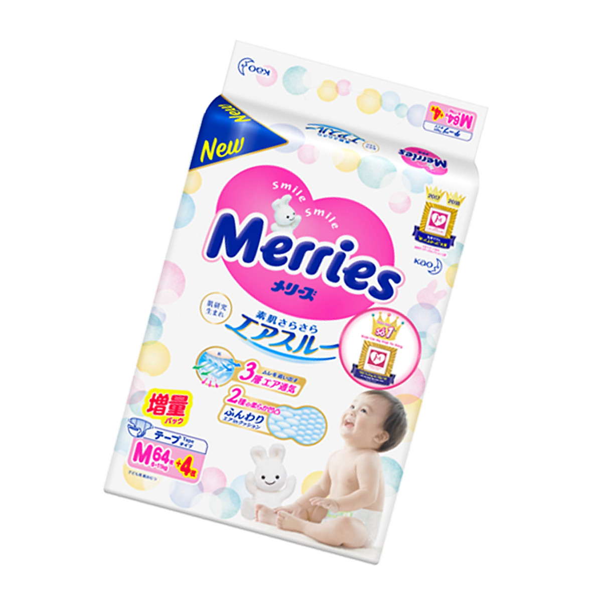 Tã/bỉm dán Merries size M - 64 + 4 miếng (Cho bé 6 - 11kg)