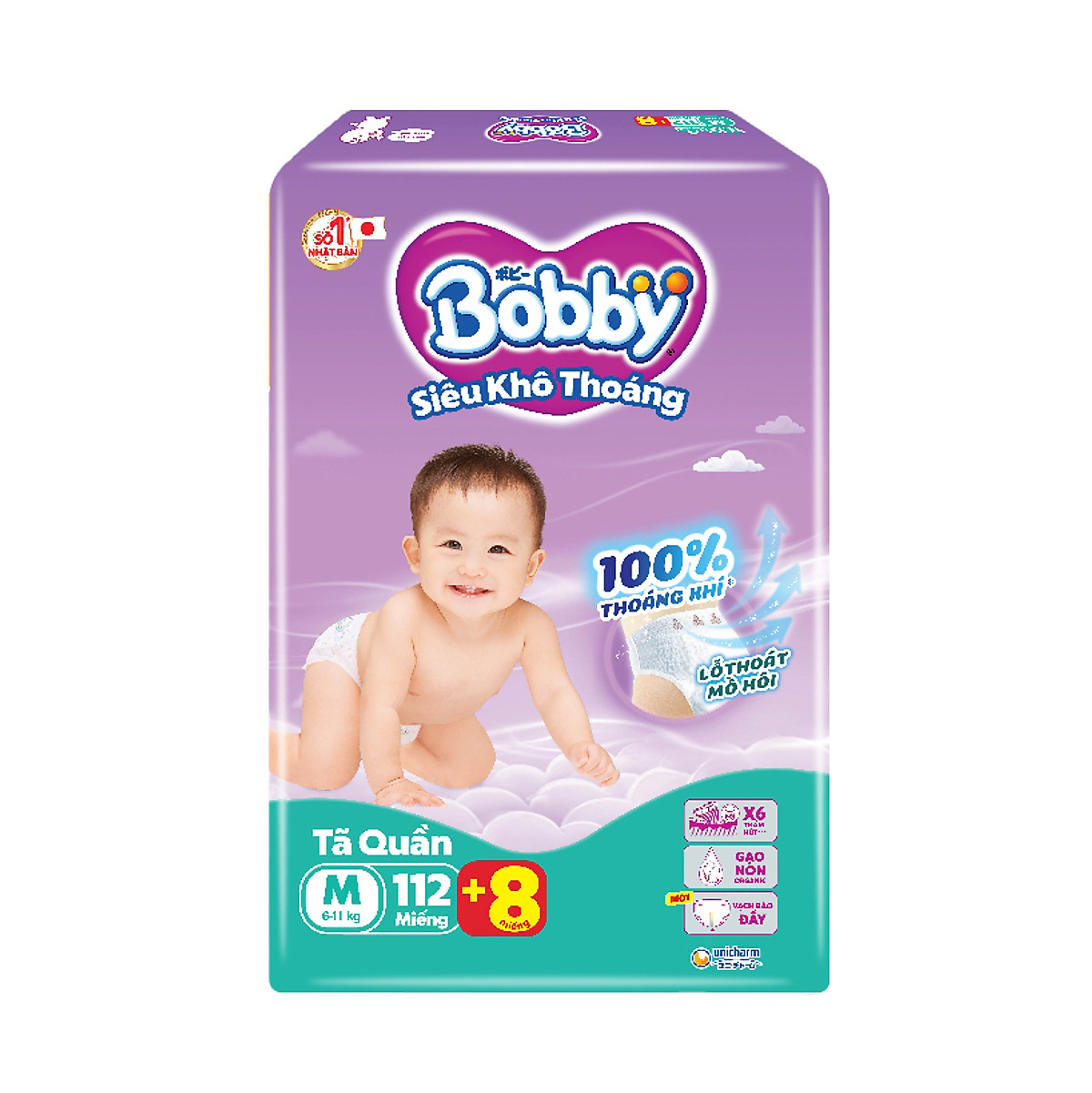 Tã quần Bobby Siêu Khô Thoáng - 100% Thoáng Khí Mega Jumbo