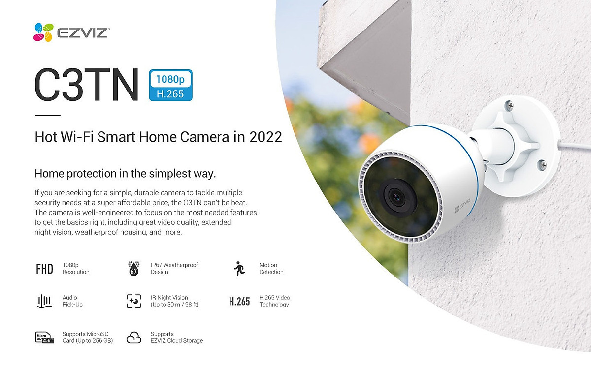 Camera Wifi Ngoài Trời EZVIZ C3TN 1080P, C3TN Color Night, chống bụi và nước IP67 - Hàng Chính Hãng