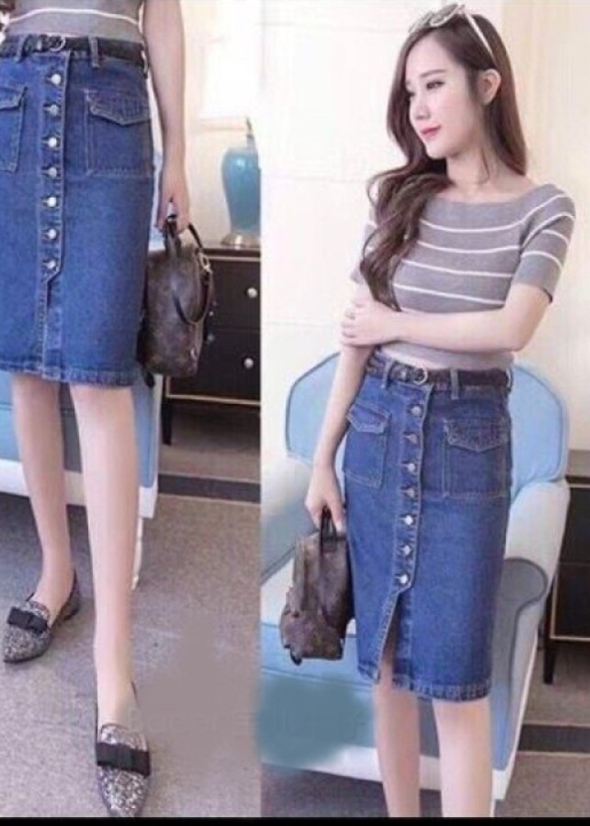 Mua Chân váy Jean ôm body dáng dài xẻ trước phong cách Hàn Quốc LB8018   Tiki