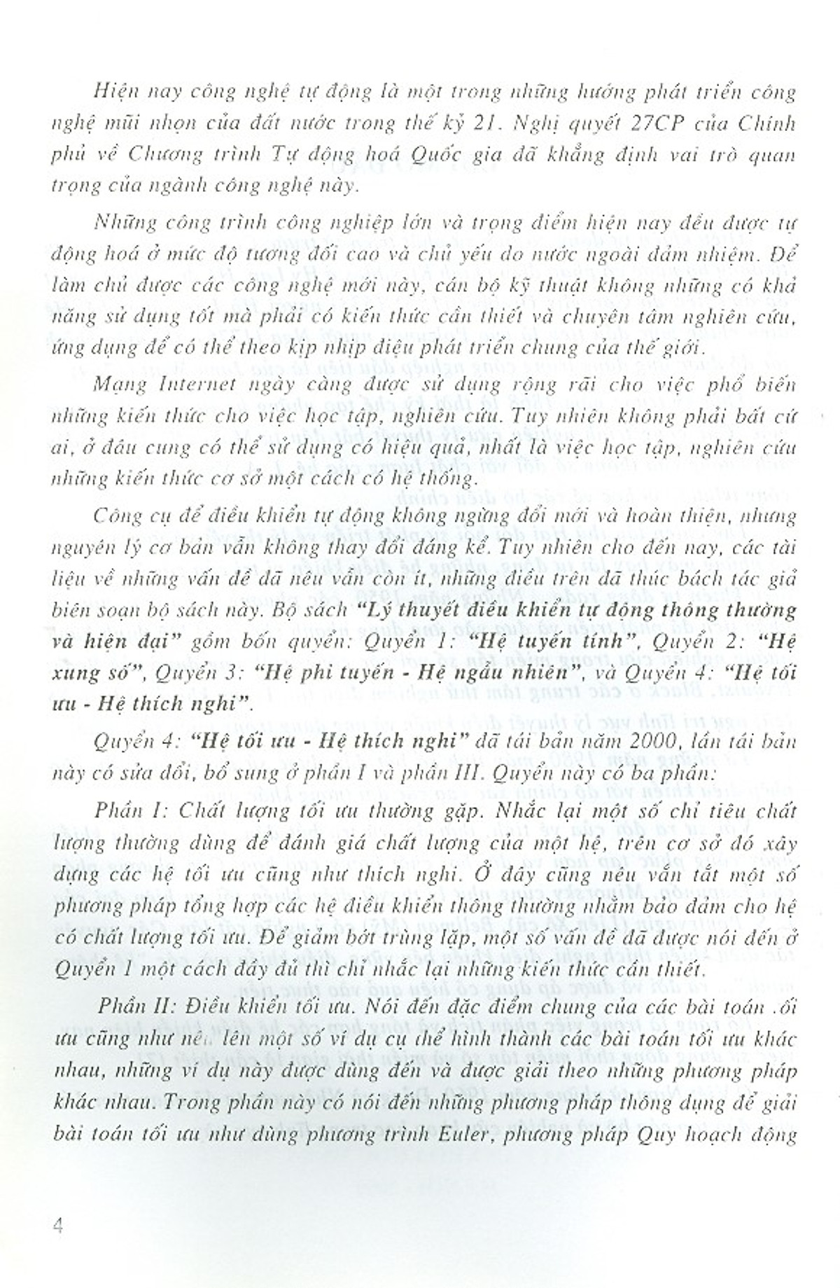Lý Thuyết Điều Khiển Tự Động Thông Thường Và Hiện Đại - Quyển 4 - Hệ Tối Ưu, Hệ Thích Nghi