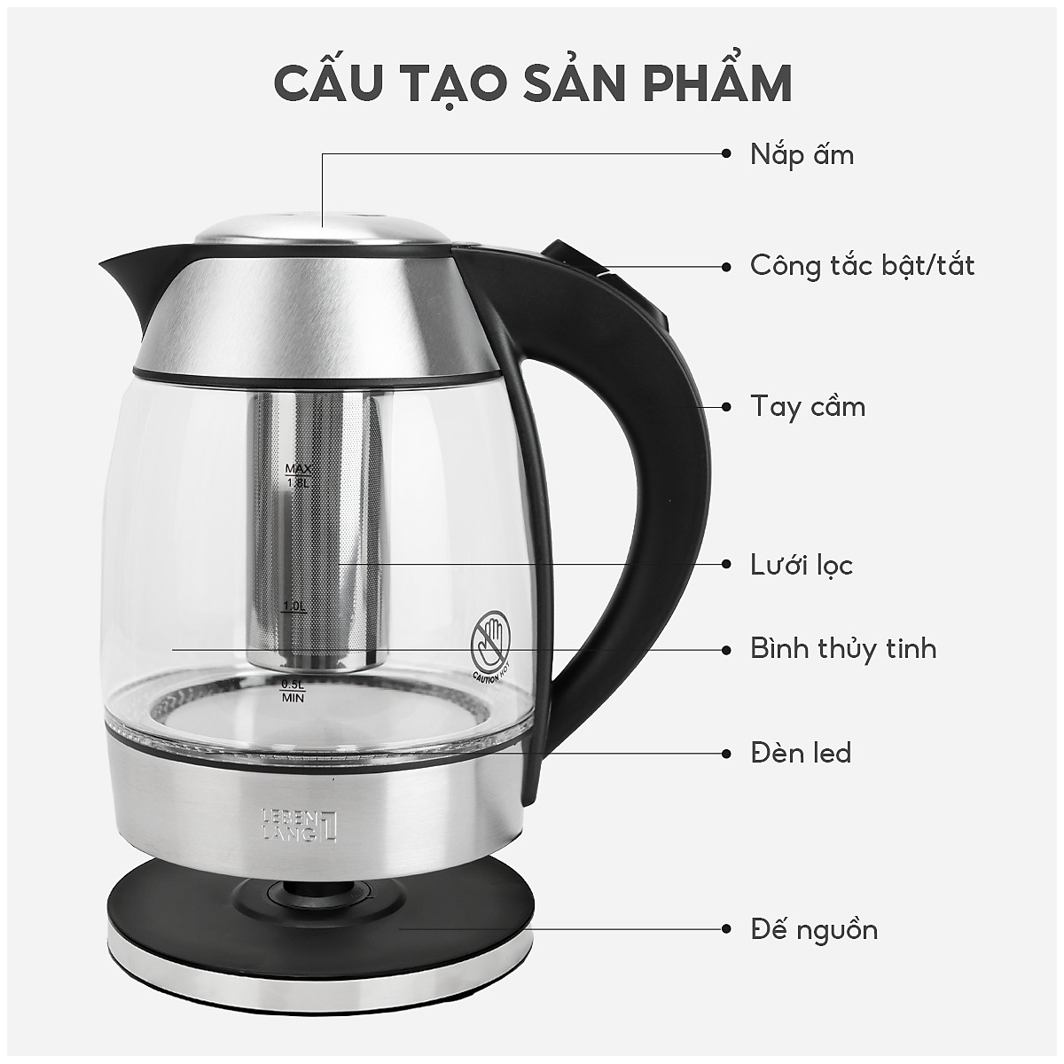 Ấm siêu tốc thuỷ tinh Lebenlang LBE2819, dung tích 1800ml, bảo hành 2 năm - hàng chính hãng