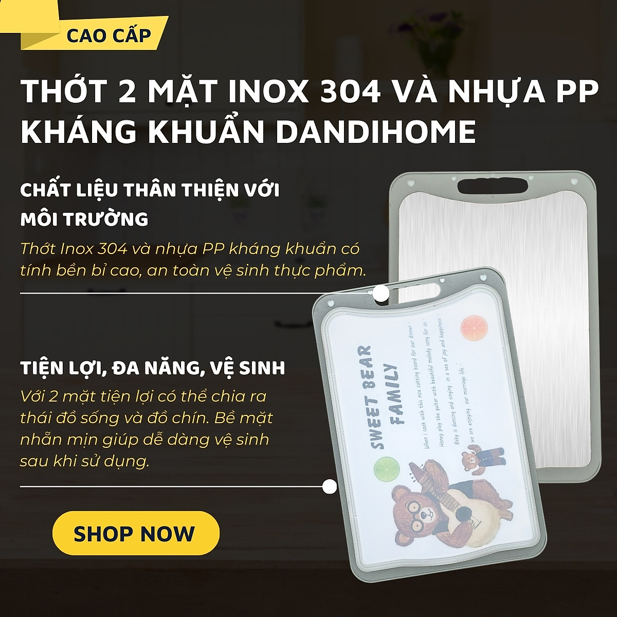Thớt inox 304 và nhựa kháng khuẩn DandiHome cao cấp hai mặt - Hàng chính hãng