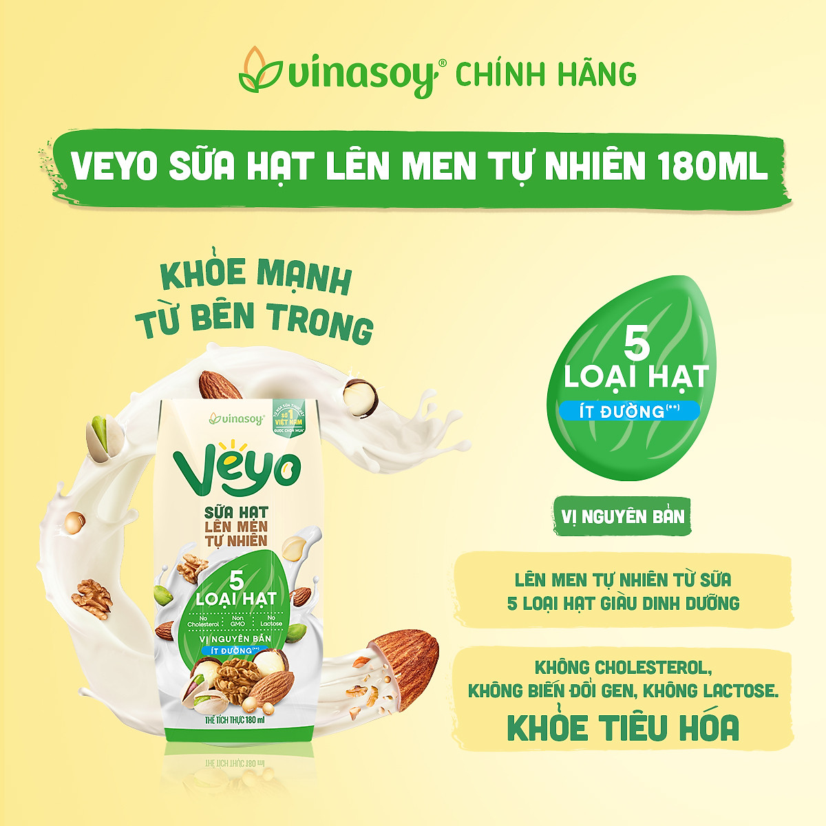 Thùng Sữa hạt Veyo lên men tự nhiên Vị Nguyên bản Ít đường (30hộp x 180ml)