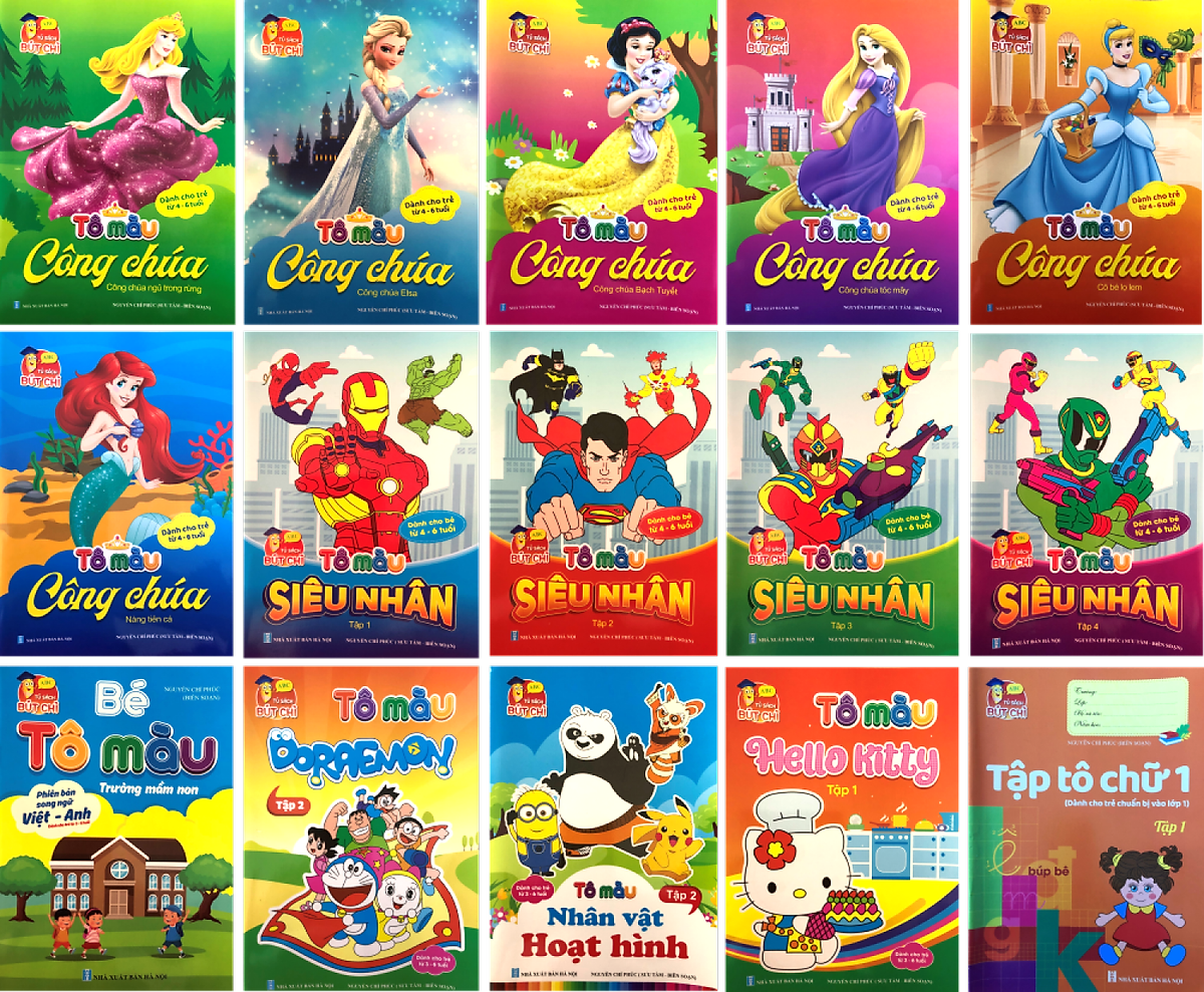 15 cuốn tô màu cho trẻ - Tô màu công chúa dễ thương - tô màu nhân vật hoạt hình - Tô màu siêu nhân - Tô chữ