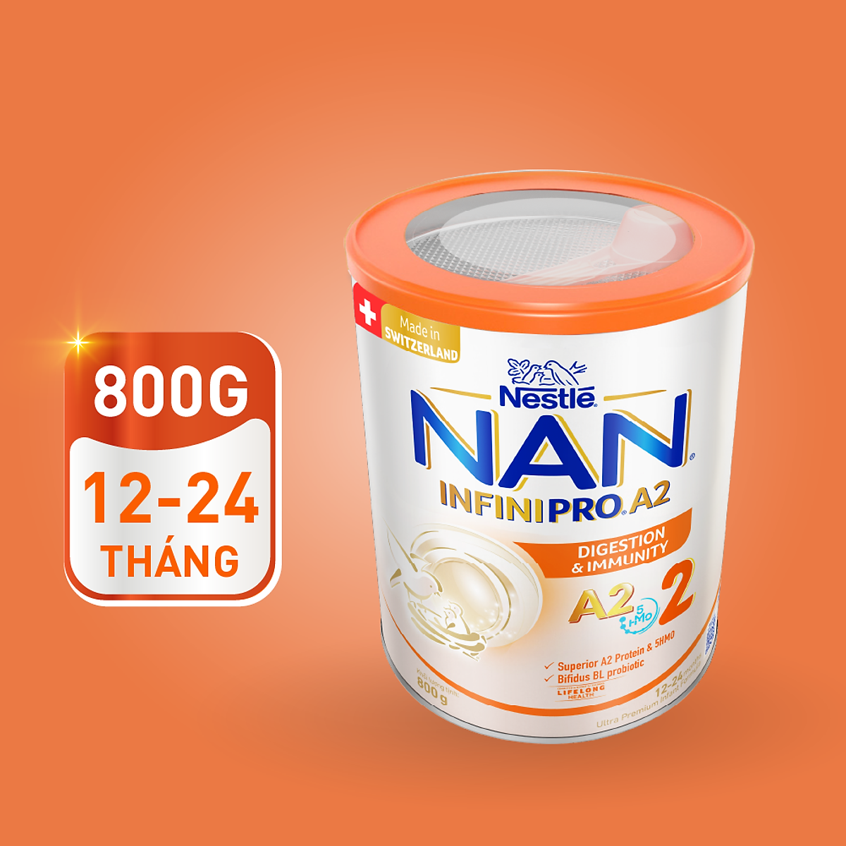 Thùng 6 lon sữa bột NAN INFINIPRO A2 Thụy Sĩ 2 800g với sự kết hợp độc đáo giữa đạm quý A2 và 5HMO (12 - 24 tháng)