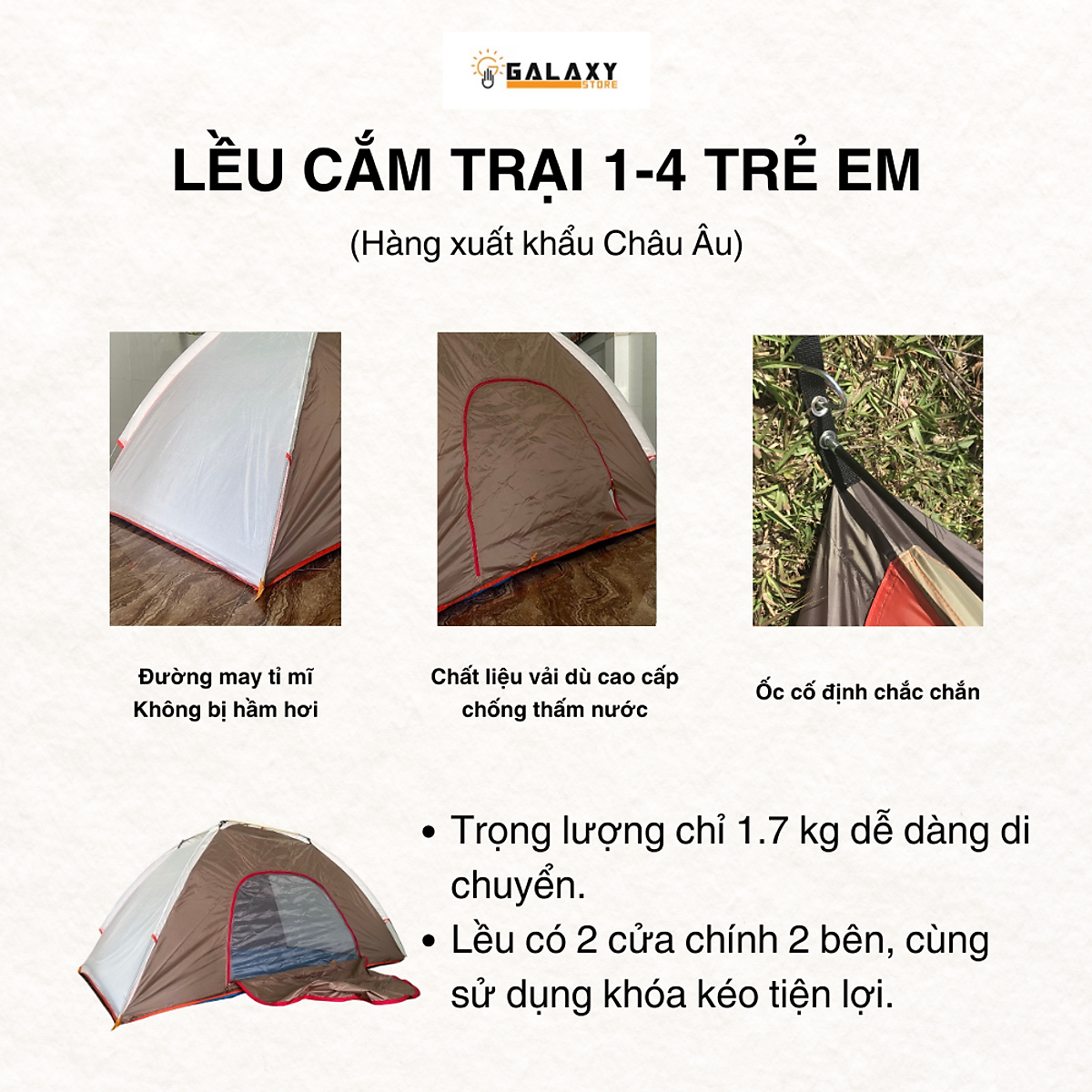 Lều Cắm Trại Chơi Nhà Lều Cho 1-4 Trẻ Em Galaxy Store GLTE05, Hàng Chính Hãng Có Khung Chắc Chắn Kích Thước Gọn Nhẹ