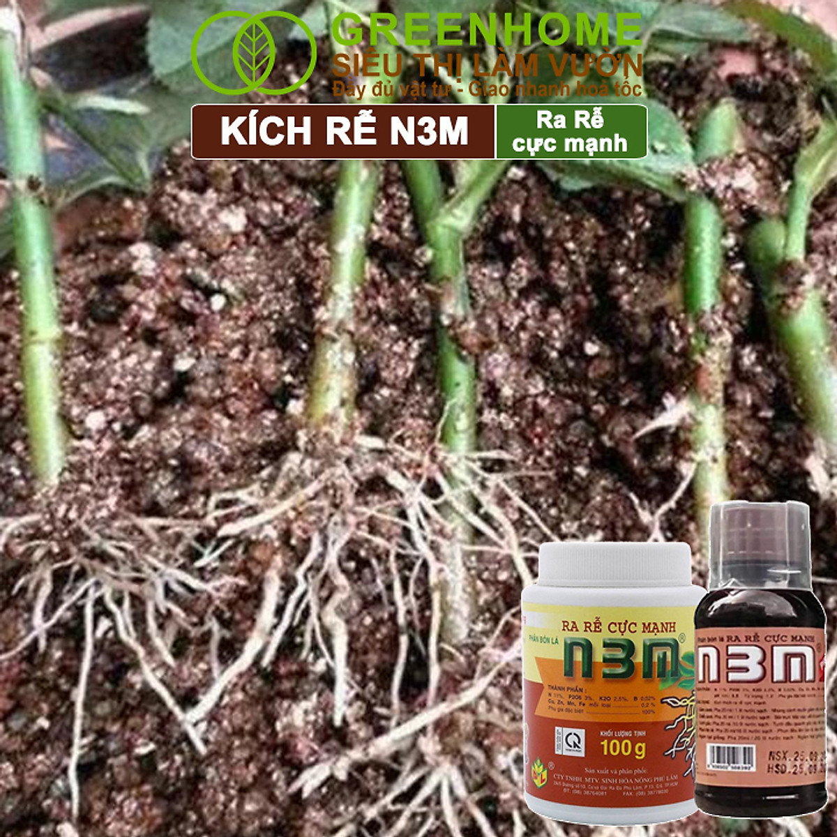 Phân Bón Lá Greenhome, N3M, Chai100ml, Ra Rễ Cực Mạnh Dùng Giâm, Chiết Cành, Ngâm Hạt Giống, Chuyên Kiểng, Hoa Hồng, Lan