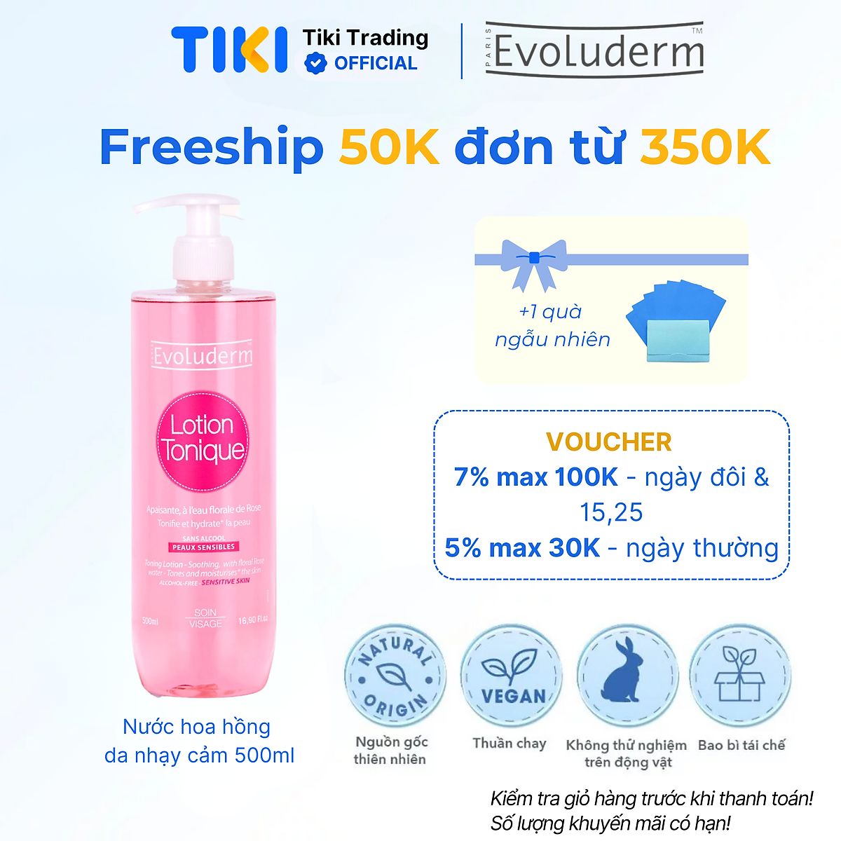 Nước hoa hồng dưỡng ẩm và làm sạch cho da nhạy cảm Evoluderm Lotion Tonique 500ml