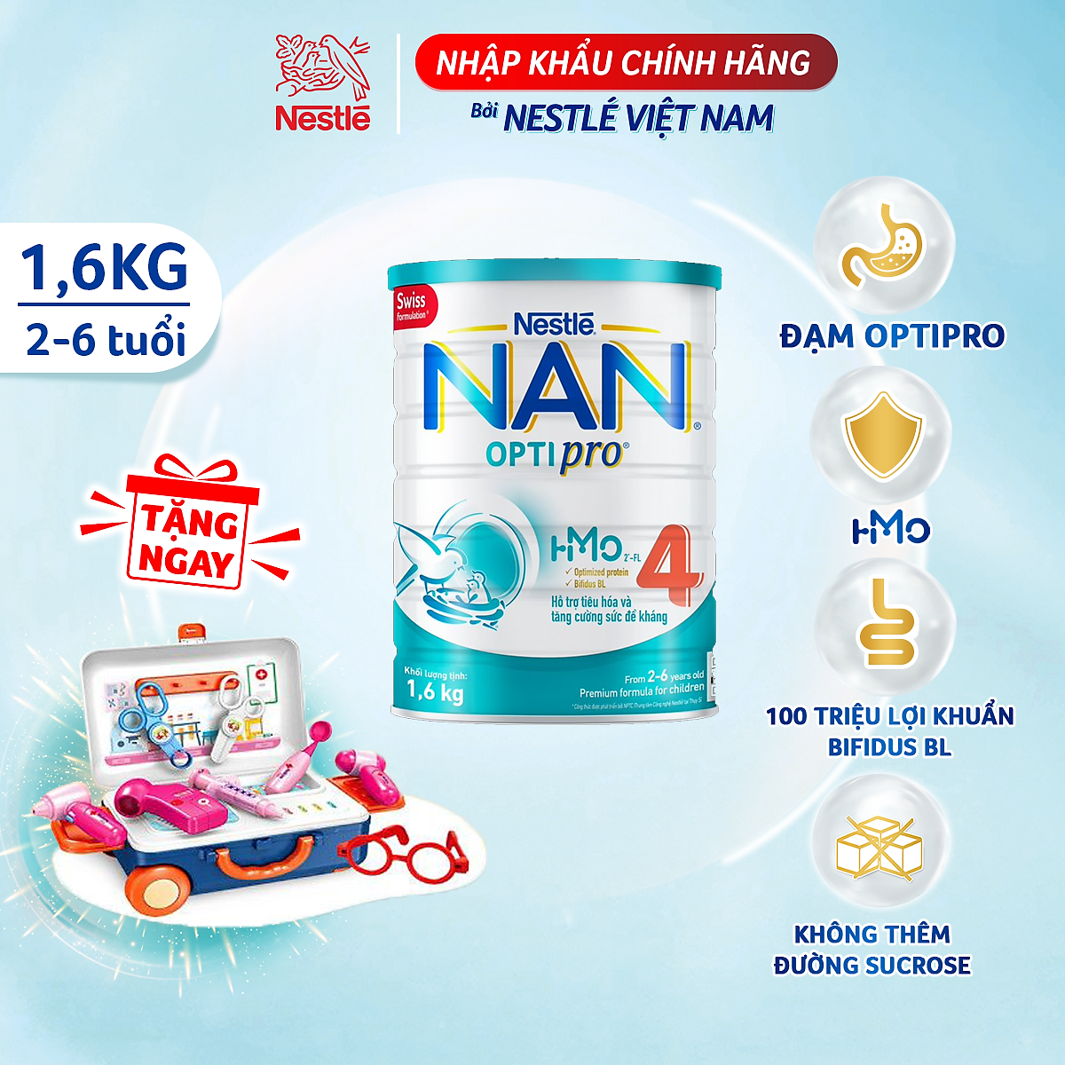 Sữa Bột Nestlé NAN OPTIPRO HM-O 4 1.6kg - Tặng Bộ đồ chơi Vali Bác sỹ