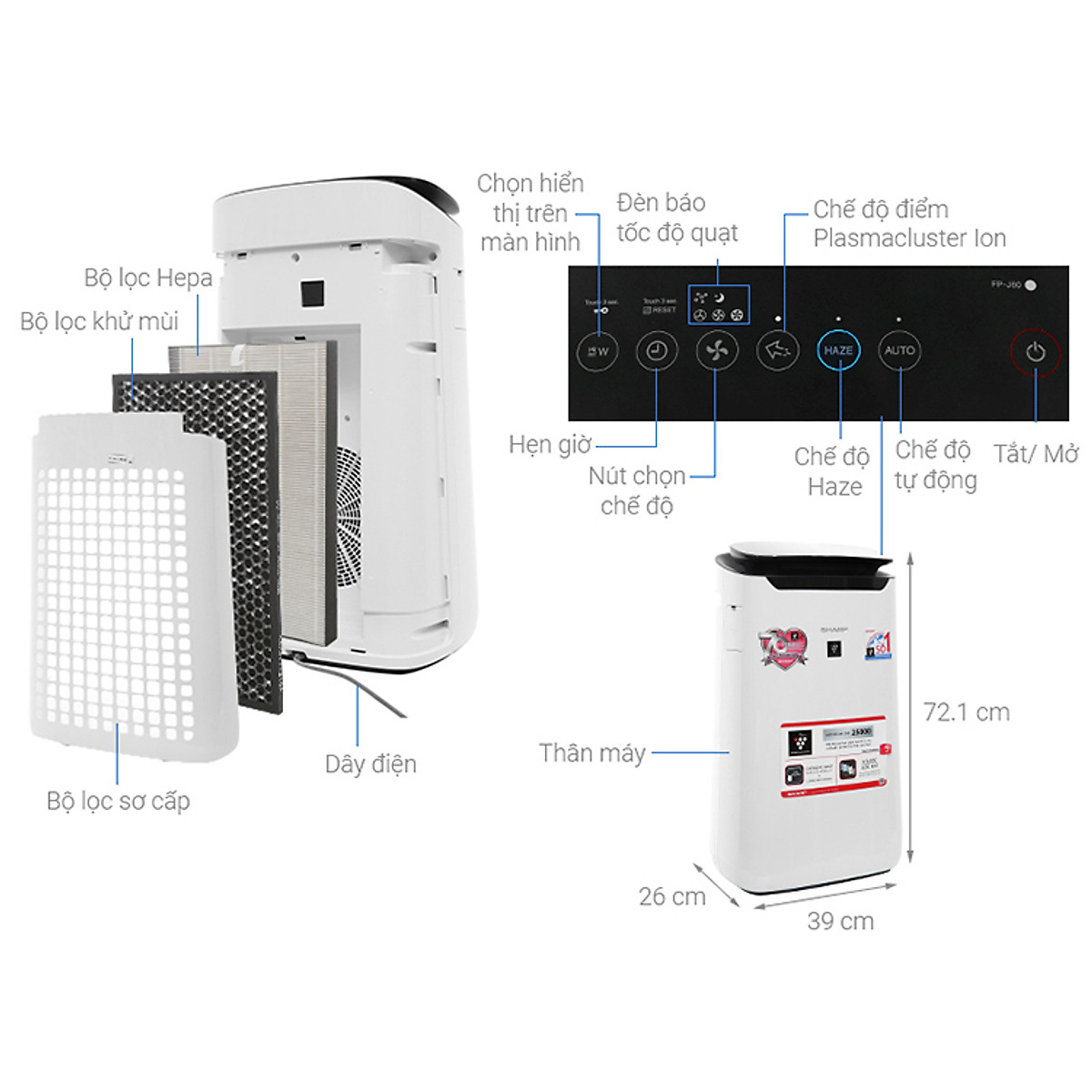 Máy lọc không khí Sharp FP-J60E-W (38W) - Hàng chính hãng