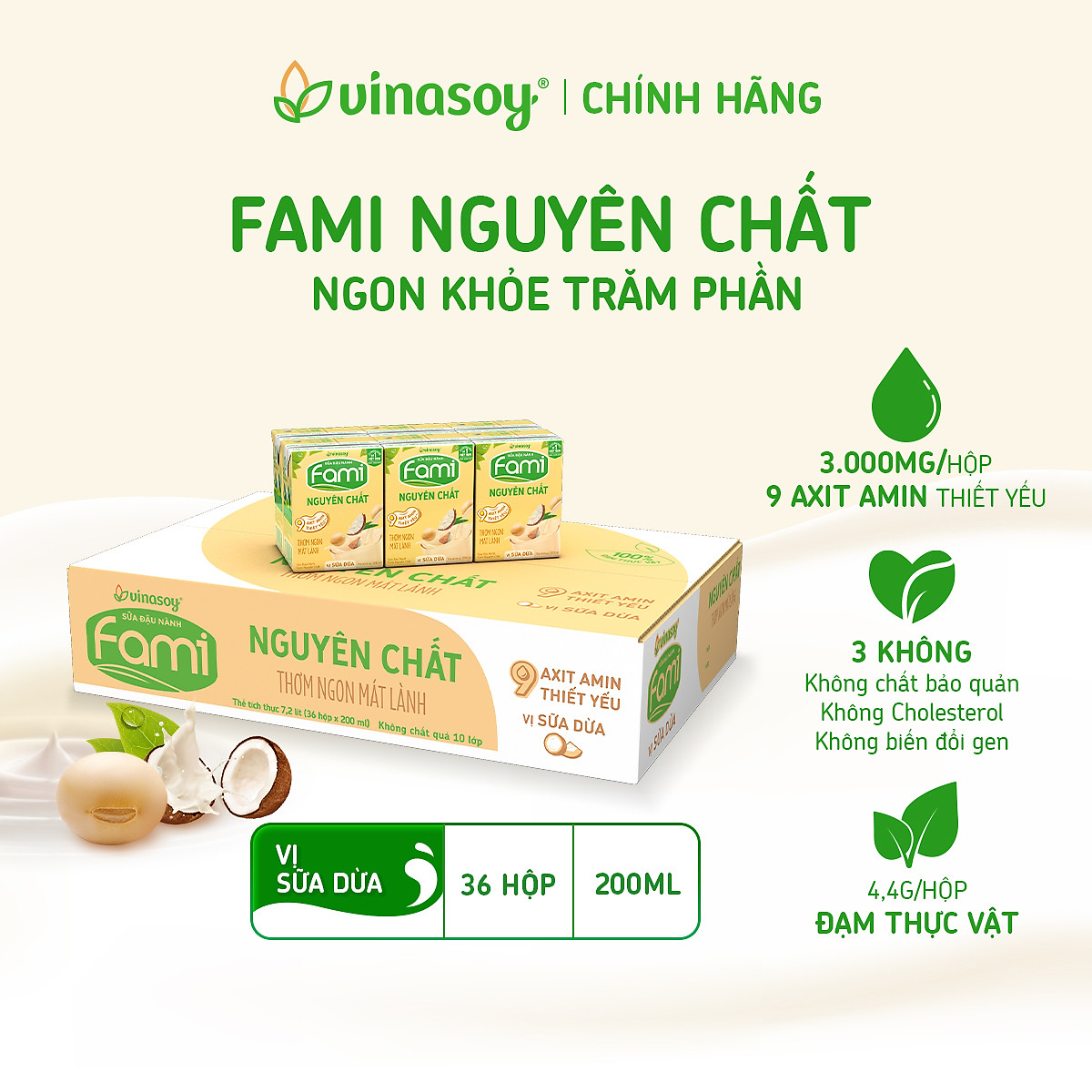 Thùng Sữa Đậu Nành Fami Nguyên Chất Vị Sữa Dừa (200ml x 36 Hộp)